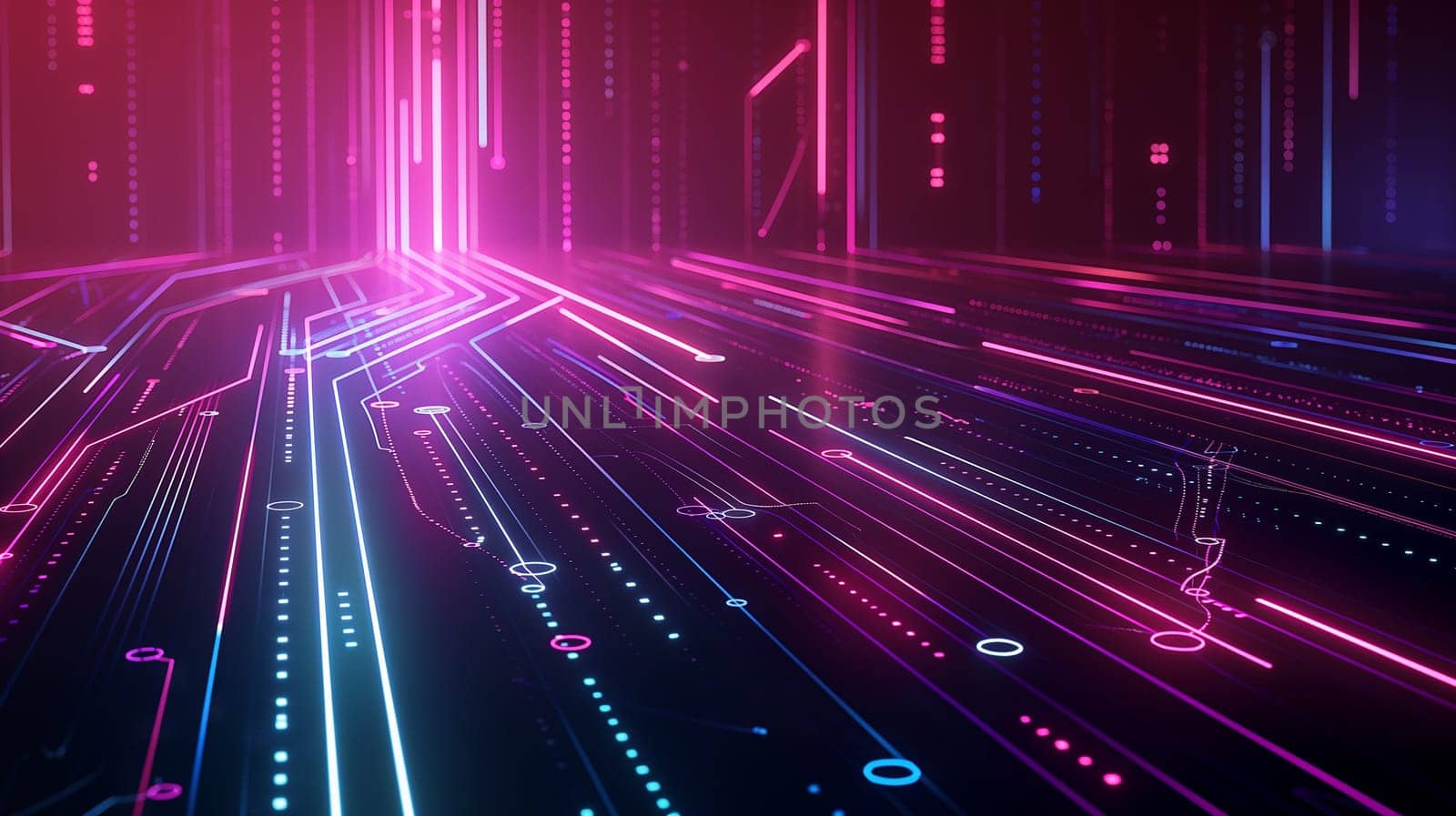 Abstract digital circuit background with glowing neon lines of pink and blue technology