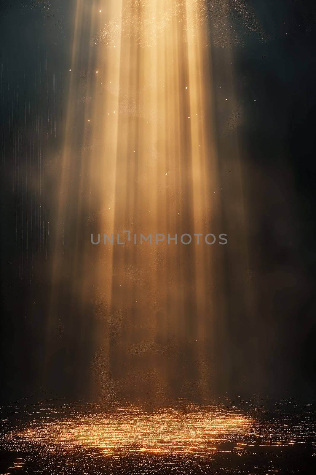 Heavenly sunbeam glows with an ethereal, golden light, shining with divine, mystical ray and radiance