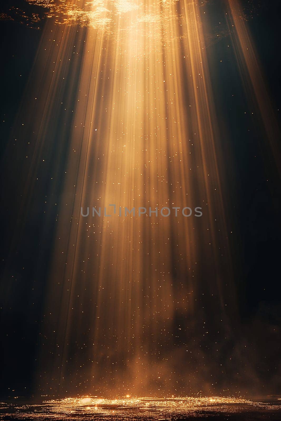 Golden sunbeams penetrating underwater ocean, sunlight rays creating a mystical and serene atmosphere