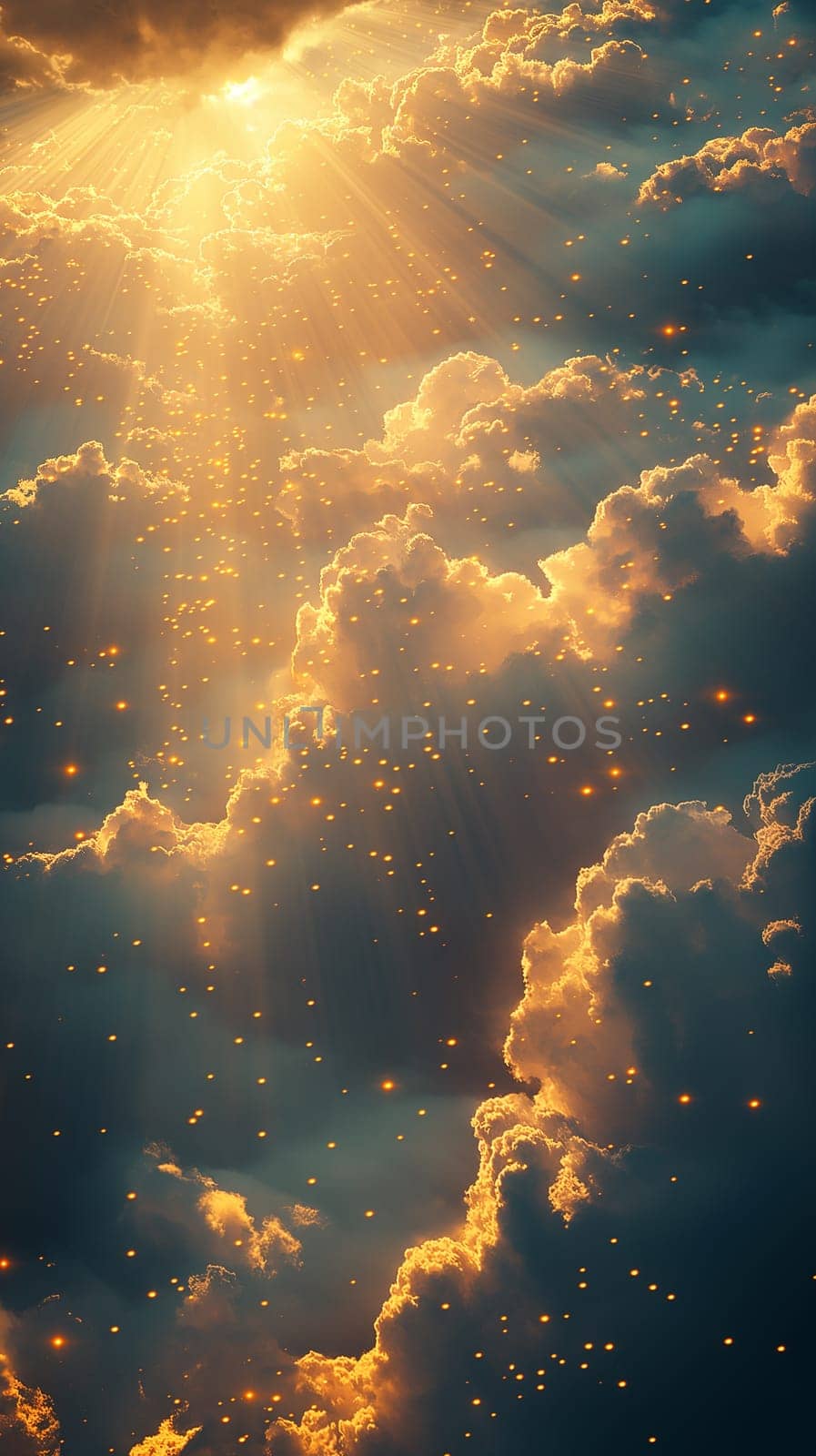 Ethereal sunlight illuminates serene clouds with radiant sunrays in a peaceful sky