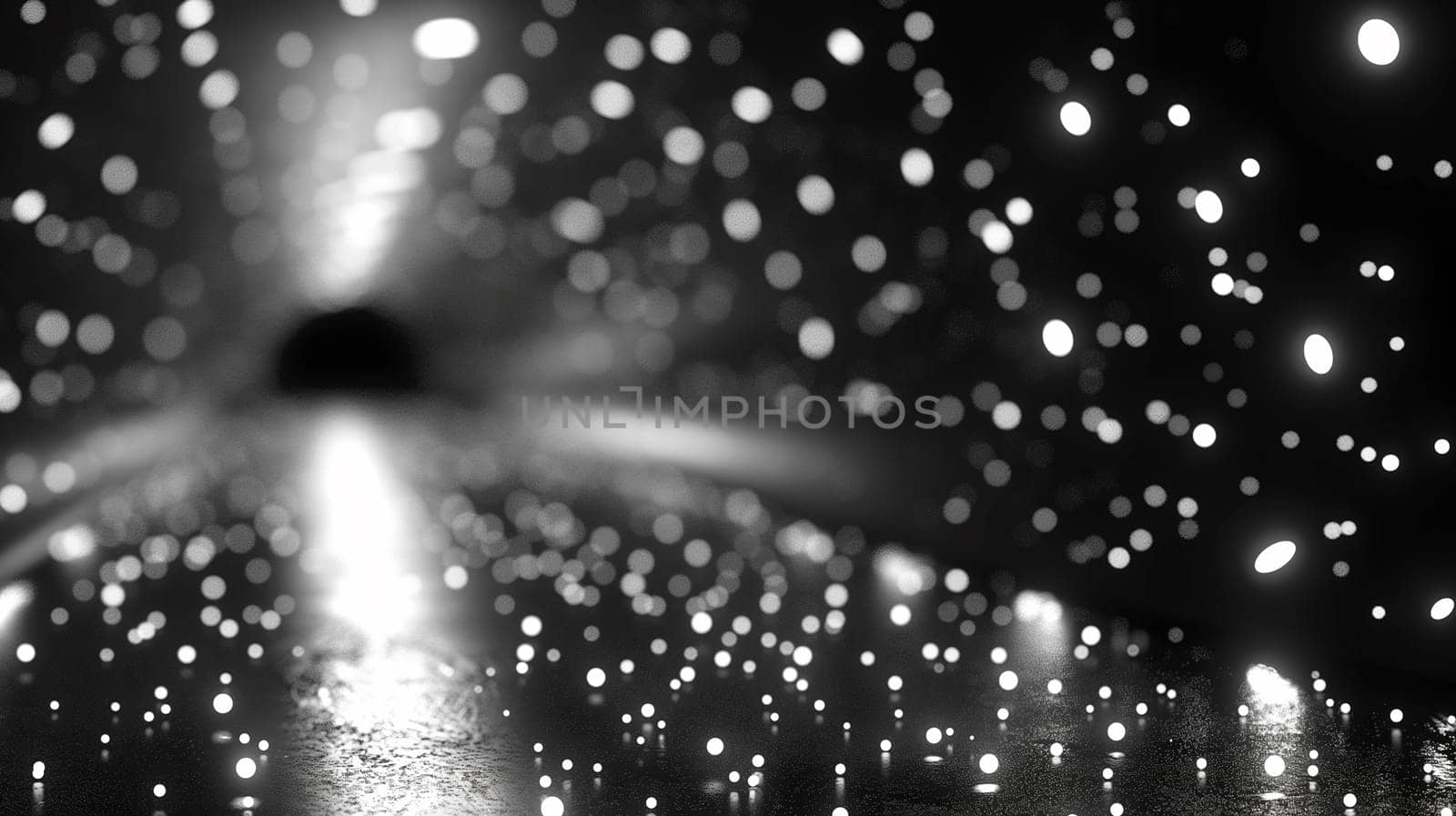 Black and white tunnel with abstract glowing bokeh lights and shimmering dots in a dark background