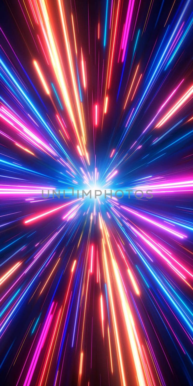 Dynamic warp speed neon lights streaks glow in a colorful sci-fi abstract pattern