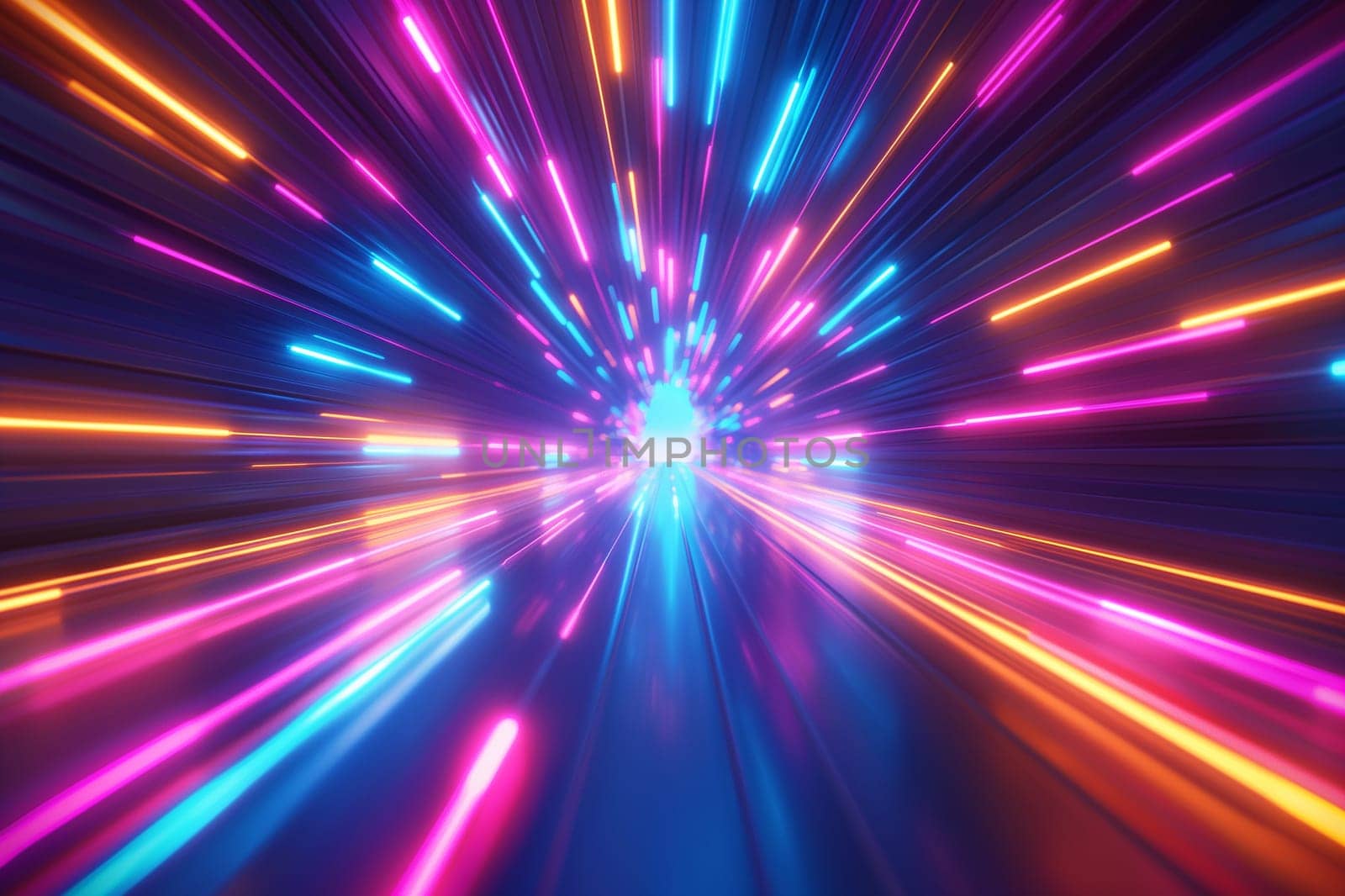 Futuristic tunnel with neon glowing lightspeed motion in a colorful digital abstract scene