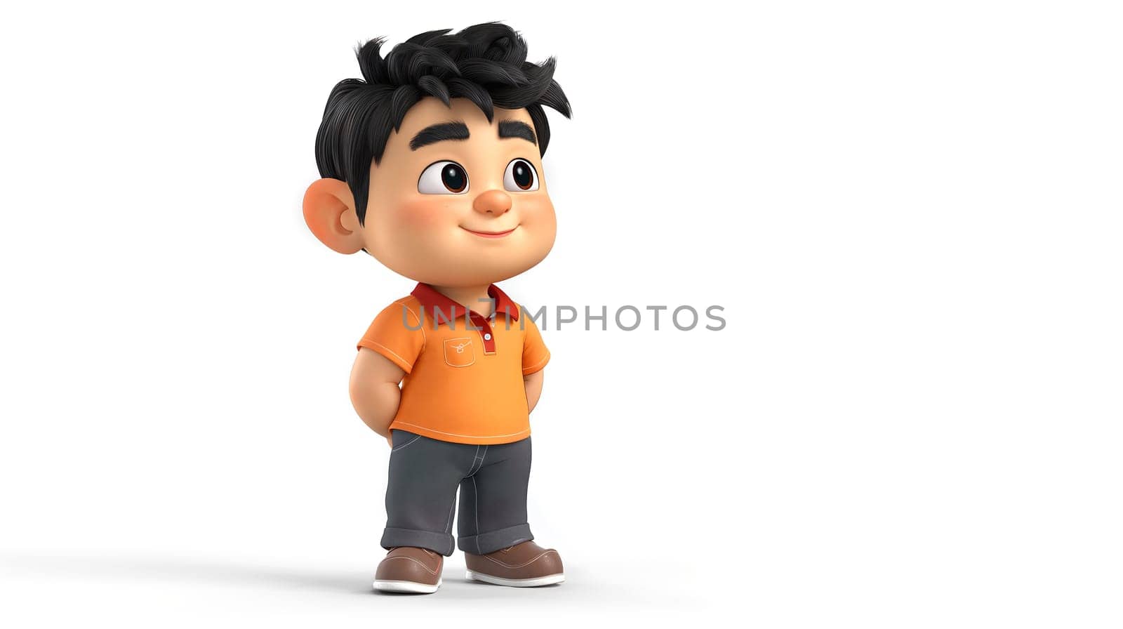 Animated Boy Character With Black Hair Wearing Orange Shirt Standing on White Background by chrisroll