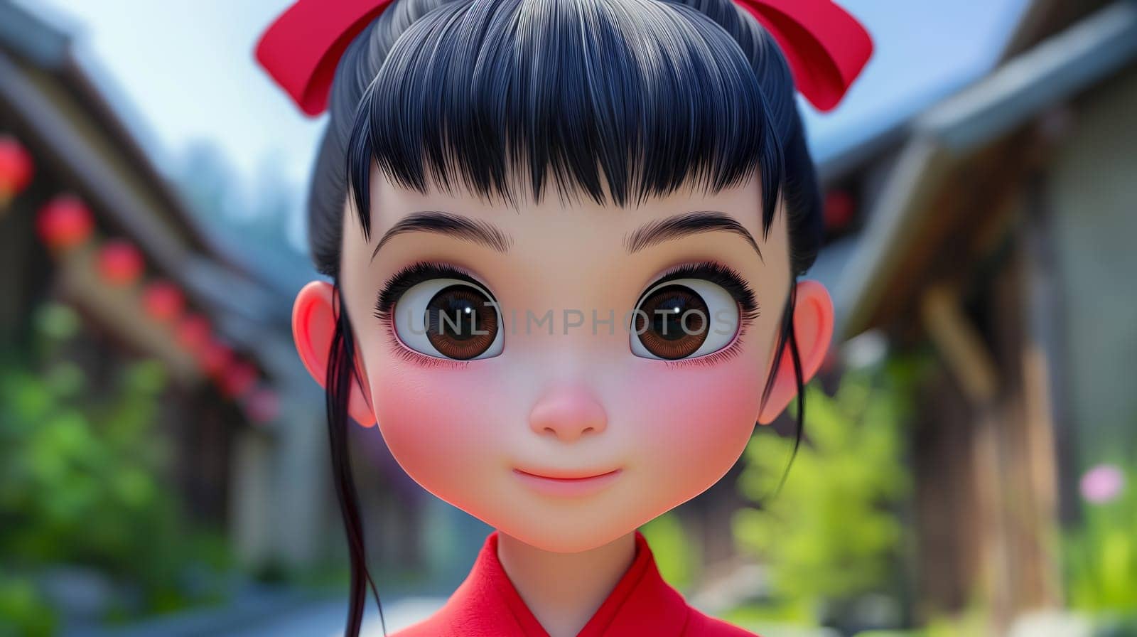 A close-up of a cheerful animated girl with glossy black hair, adorned with red ribbons, and large expressive eyes - Generative AI