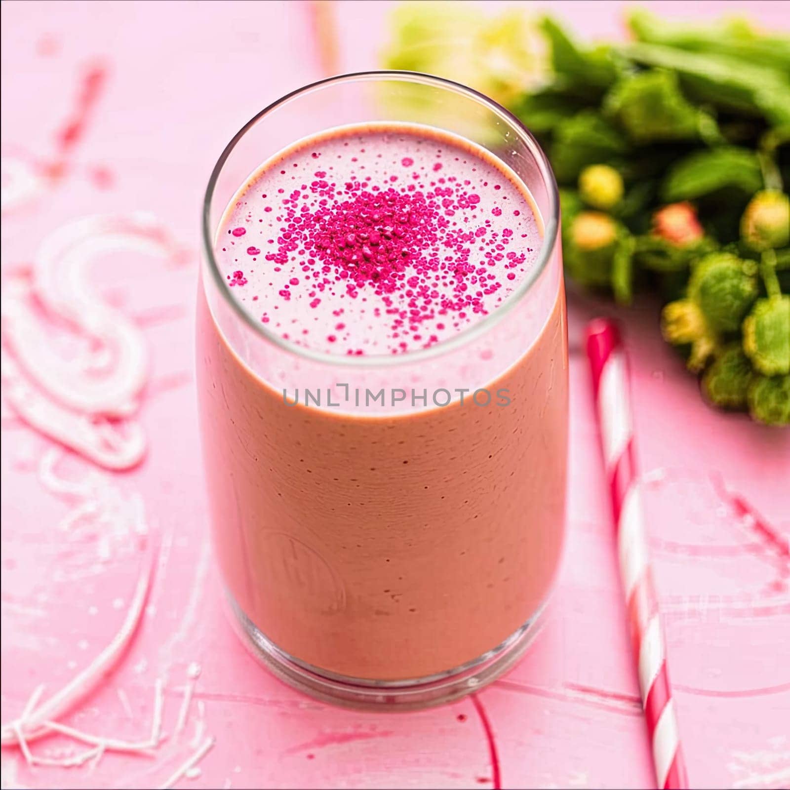 Photo of pink matcha from bright dragon fruit powder. It is rich in vitamins and minerals. Sweet taste reminiscent of a mixture of strawberries and kiwi.