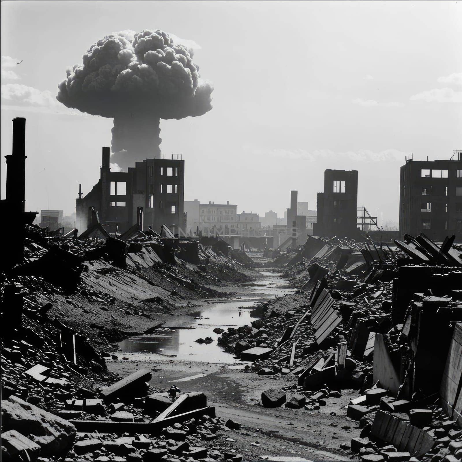 A photograph of a nuclear explosion against the backdrop of destroyed buildings and vacant lots and people. Military combat operations. Nuclear mushroom. Weapons of mass destruction.