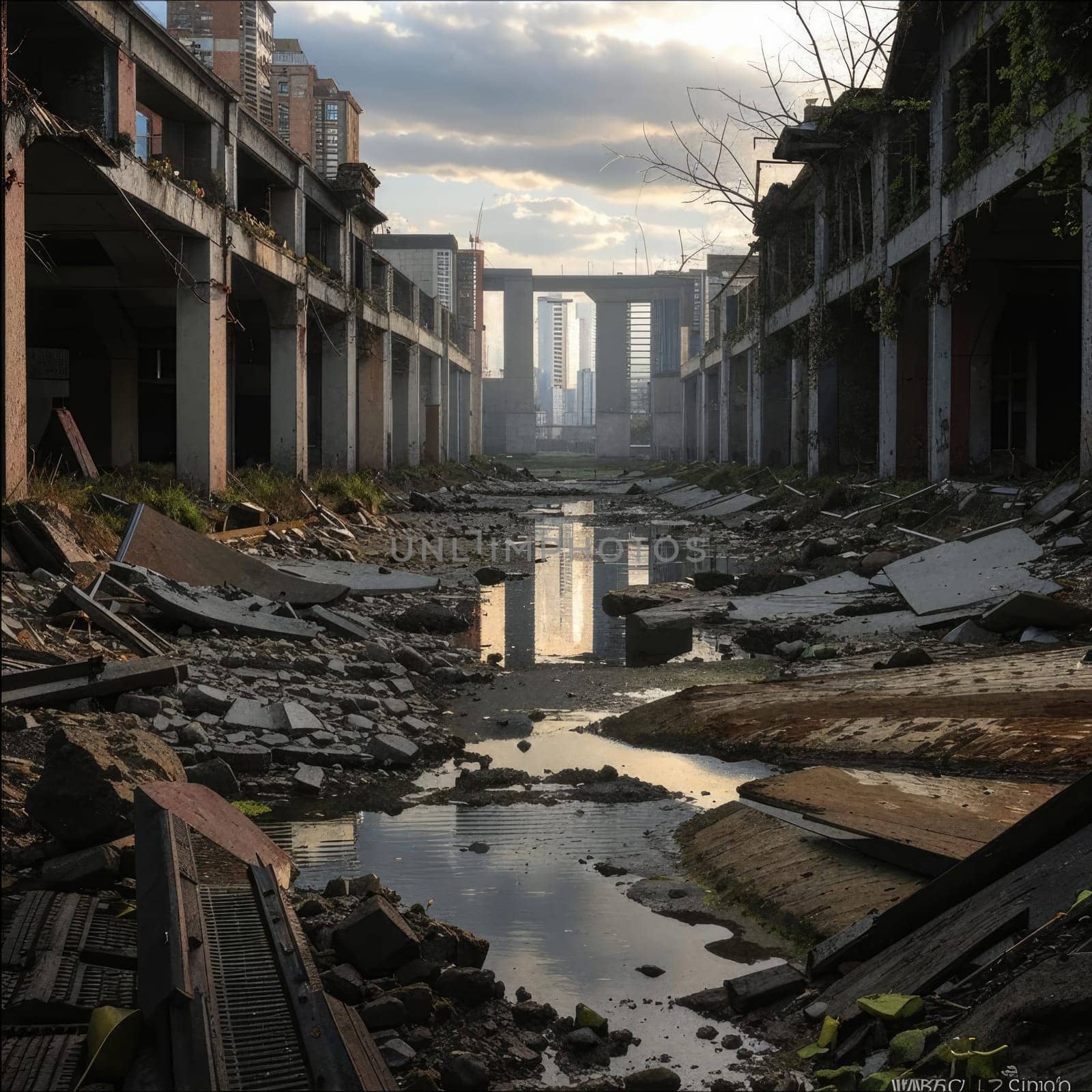 Photograph of destroyed buildings and houses due to the war. Mass destruction. Lifeless cities. Combat operations on the territory of civilians. Concrete, stones and glass shards.