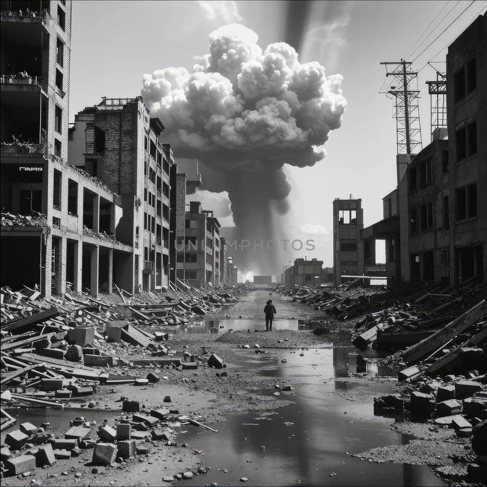 A photograph of a nuclear explosion against the backdrop of destroyed buildings and vacant lots and people. Military combat operations. Nuclear mushroom. Weapons of mass destruction.