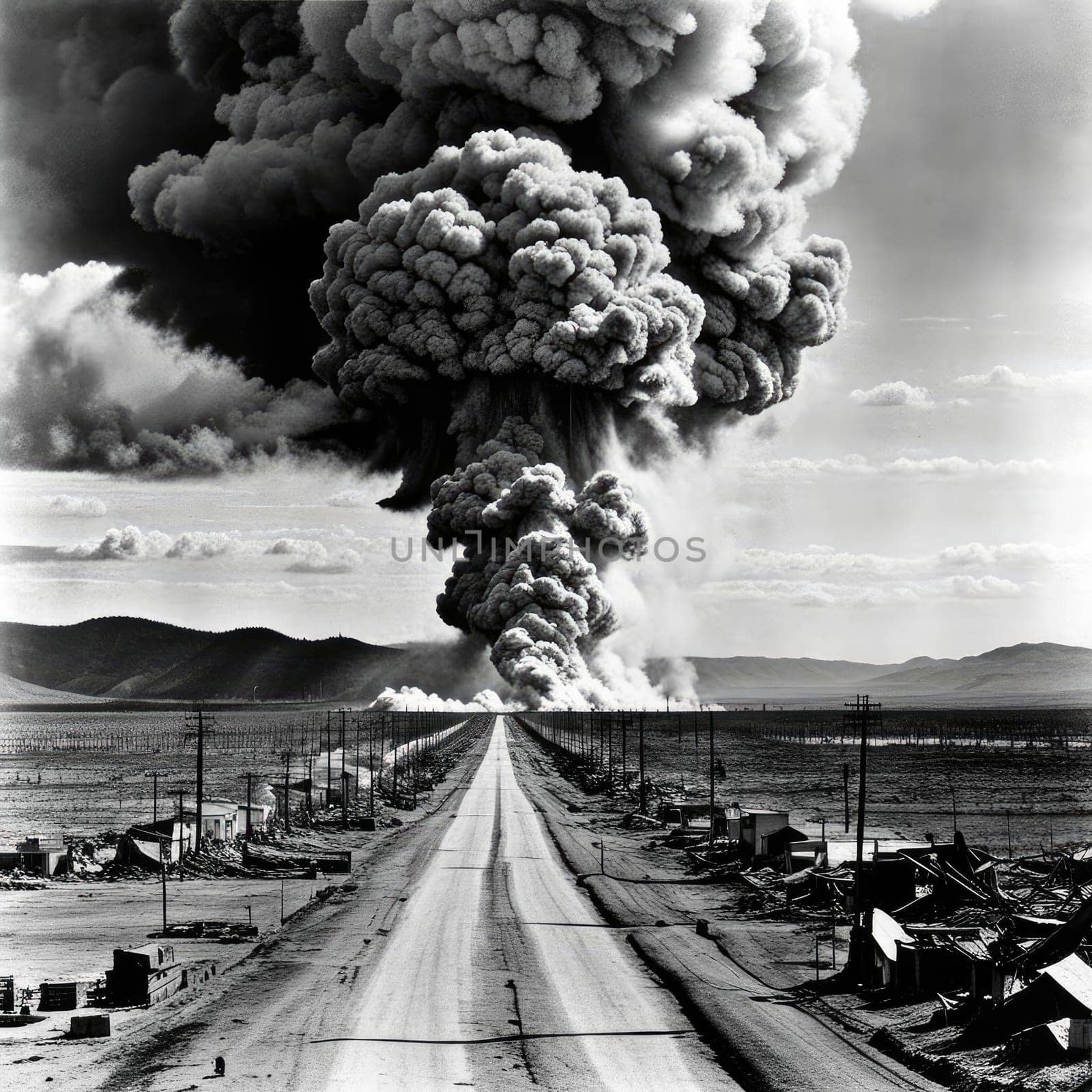 A photograph of a nuclear explosion against the backdrop of destroyed buildings and vacant lots and people. Military combat operations. Nuclear mushroom. Weapons of mass destruction.