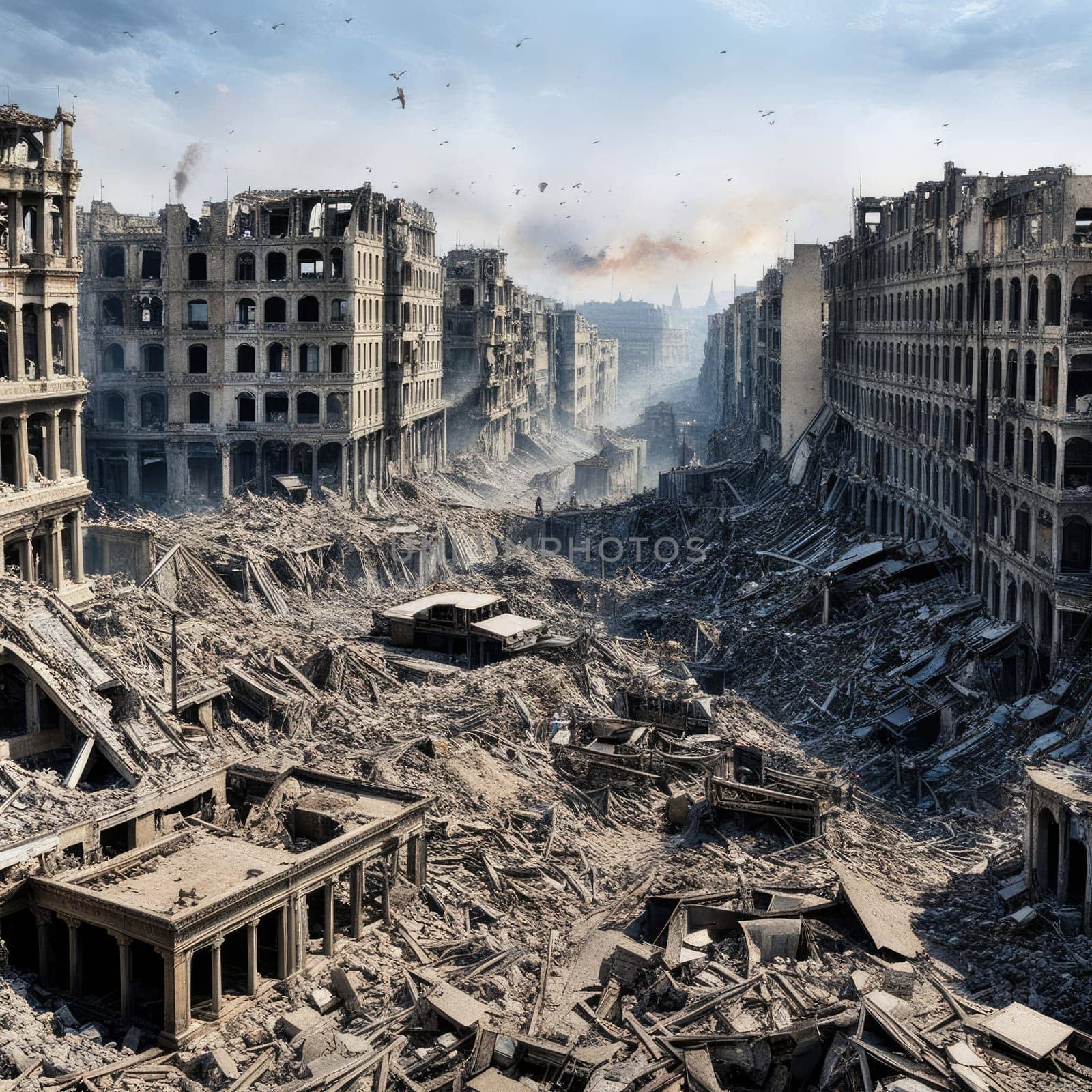 Photograph of destroyed buildings and houses due to the war. Mass destruction. Lifeless cities. Combat operations on the territory of civilians. Concrete, stones and glass shards.