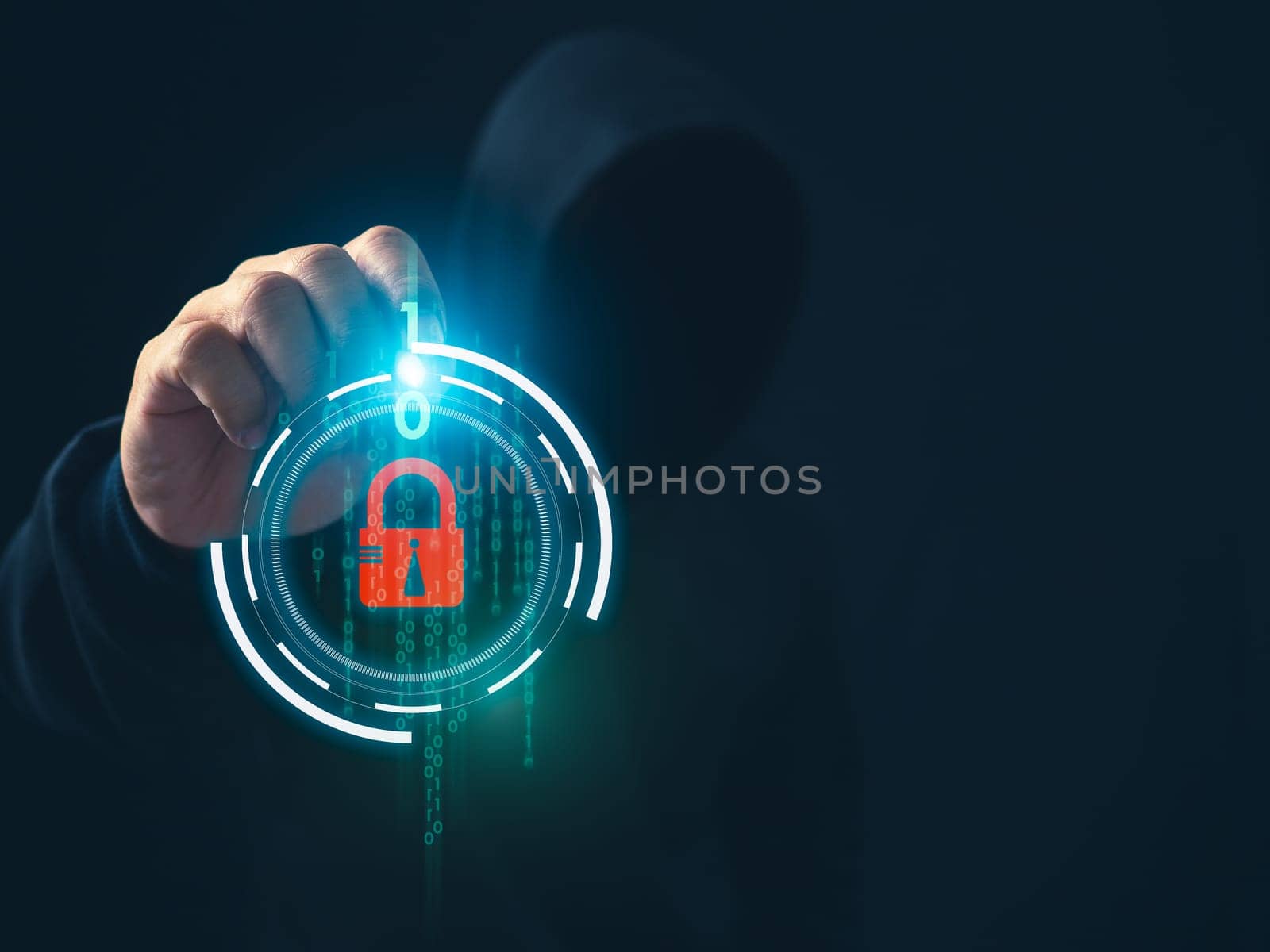 Hacker is pointing his finger at a binary code on a dark background. Concept of information security in internet networks and espionage. by Unimages2527