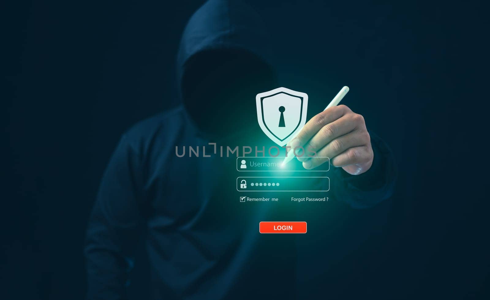 Hacker pointing pen at login screen On a dark background. Concept of information security in internet networks and espionage. Network espionage. Virus attack. Hacker attack. by Unimages2527