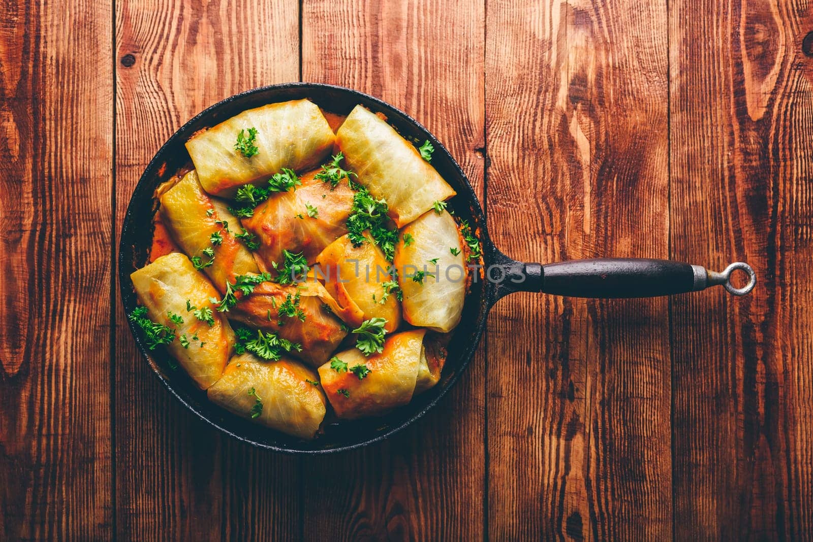 Stuffed Cabbage Rolls in Frying Pan. View from Above