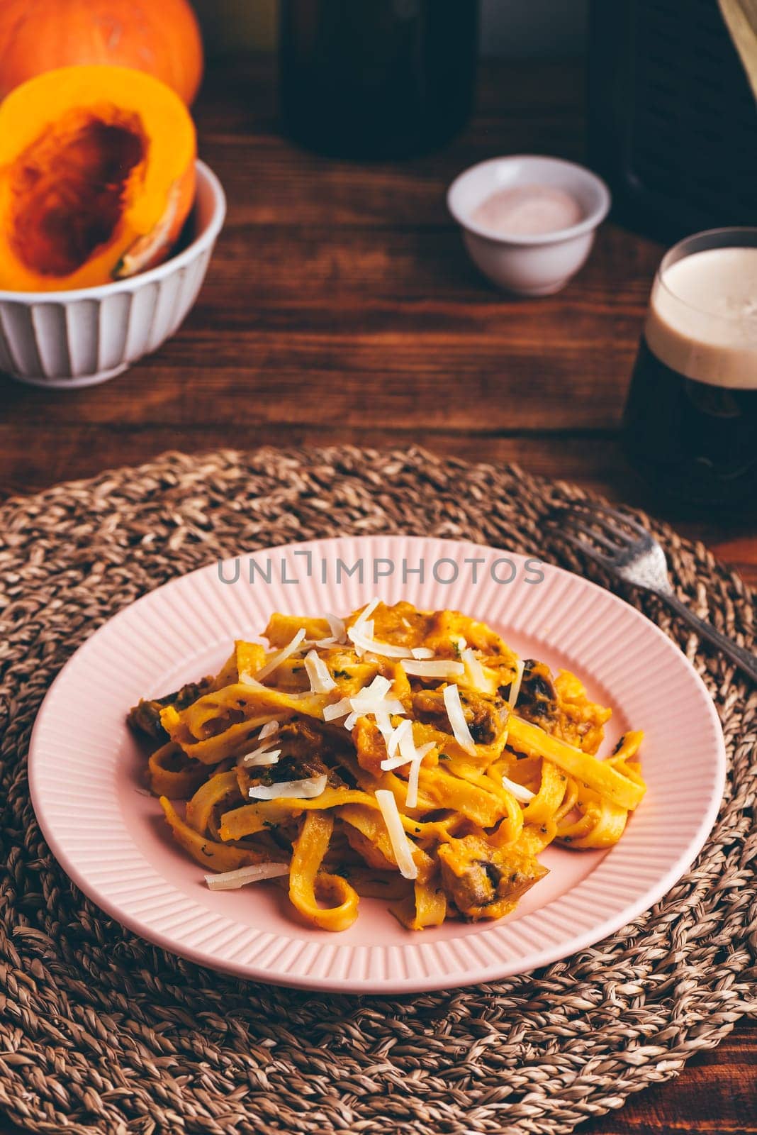 Tagliatelle Pasta with Creamy Pumpkin Sauce and Mushrooms by Seva_blsv