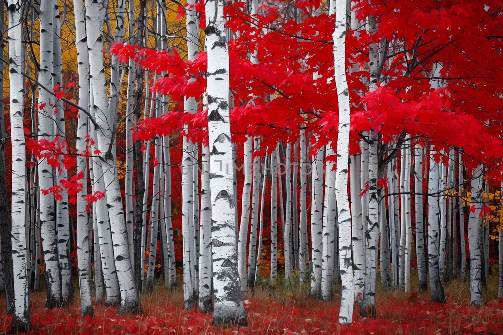 Vibrant autumn forest with striking white birch trees and fiery red leaves, creating a stunning seasonal contrast.