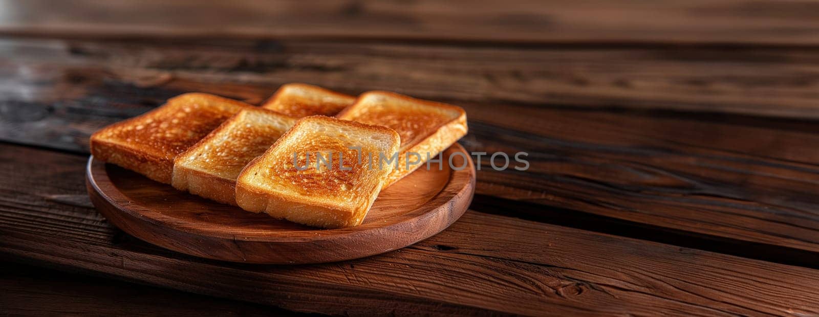 toasted bread sitting on top of a wooden plate in shinning sun background..