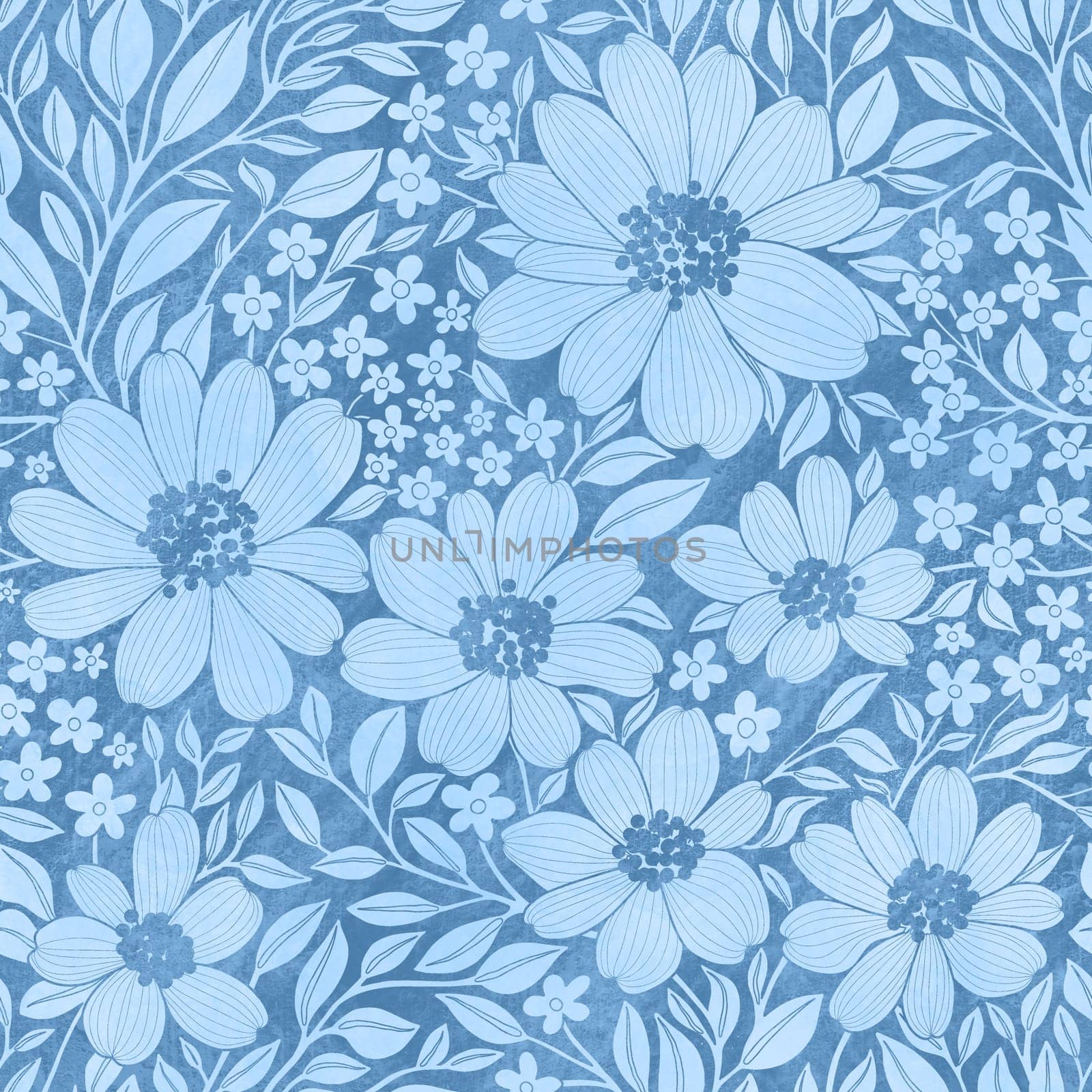 Floral Seamless Pattern of Blue Grey Flowers and Leaves with Texture, Great for Textiles, Surfaces, Wallpapers, Wrapping Papers, Fabrics, Prints, Package Design, Fashion, Beauty Products