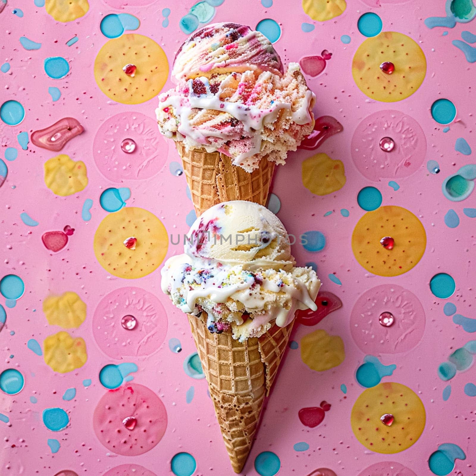 Scoops of ice cream in a waffle cones on a colorful background