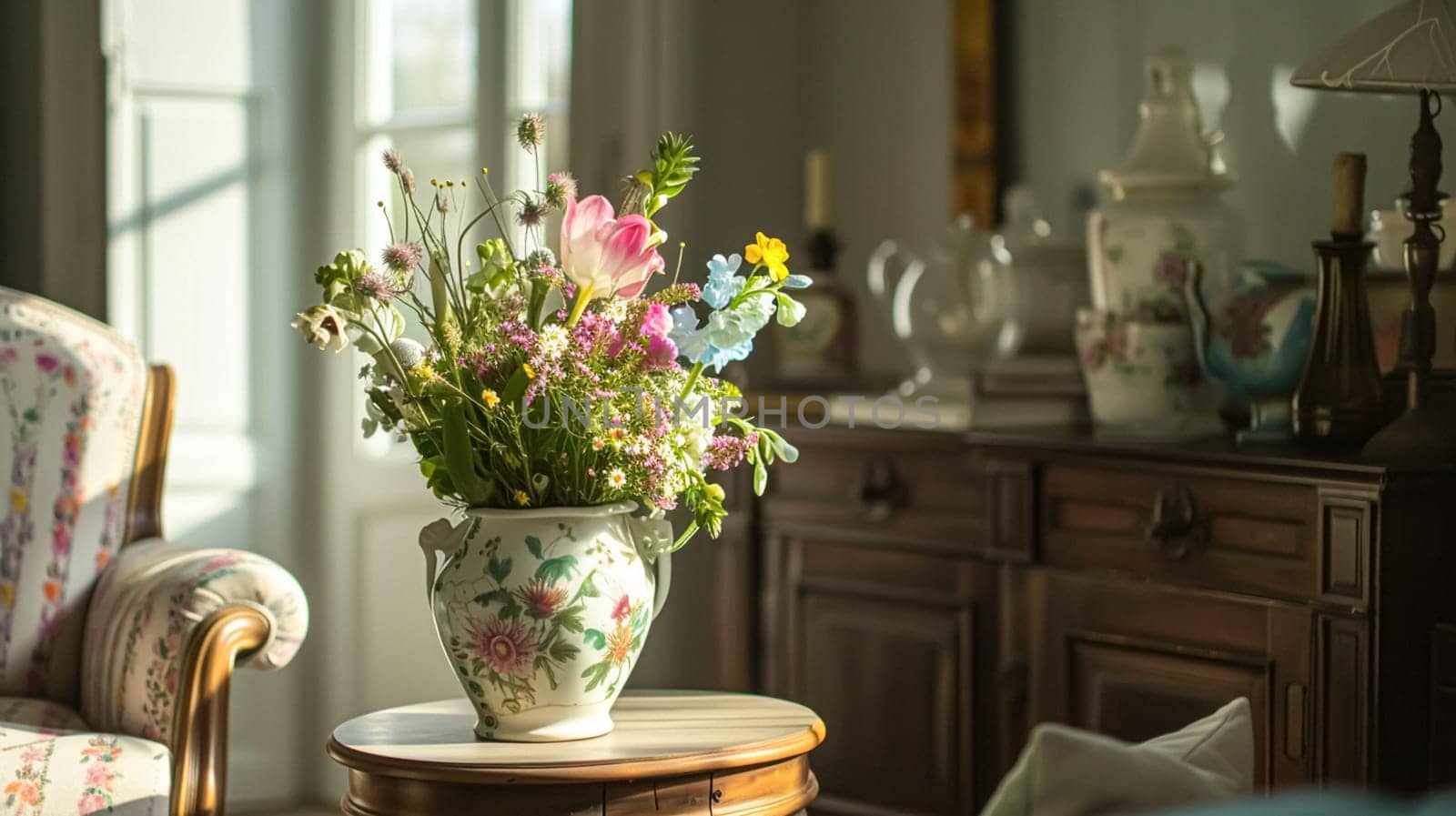 Spring flowers in vintage vase, beautiful floral arrangement, home decor, wedding and florist design