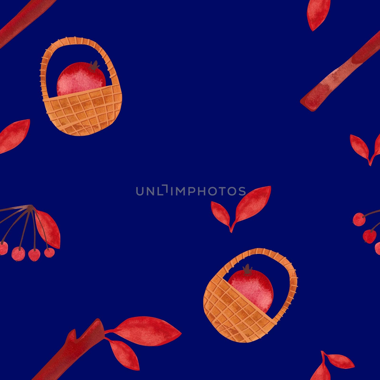 Seamless pattern with autumn leaves, berries, twigs and baskets on a blue background. Pattern for wrapping paper, home and seasonal textiles, curtains, tablecloths, kitchen and nursery decoration
