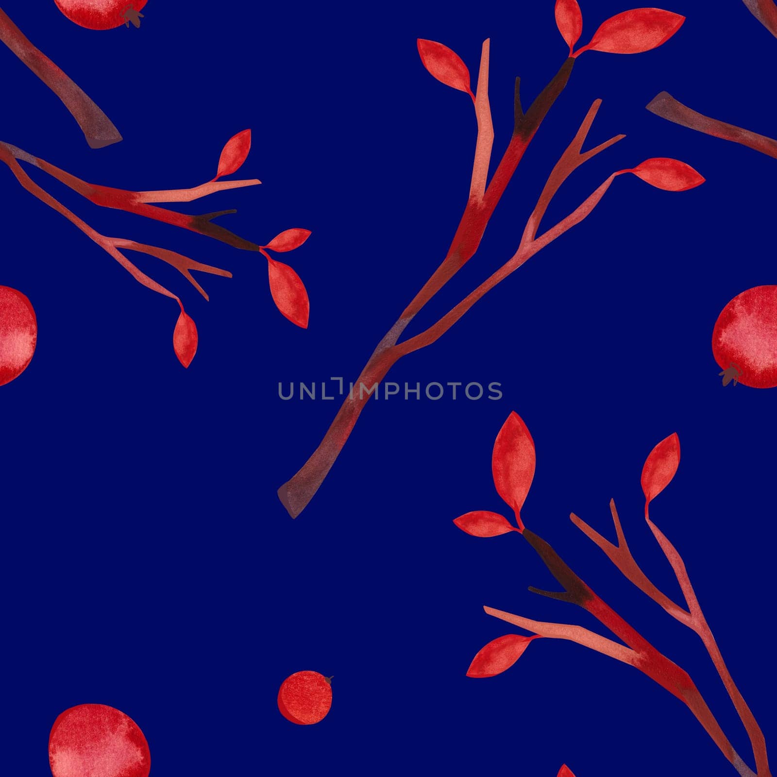 Seamless pattern with autumn leaves, berries, twigs and baskets on a blue background. Pattern for wrapping paper, home and seasonal textiles, curtains, tablecloths, kitchen and nursery decoration. by Kudriavtseva