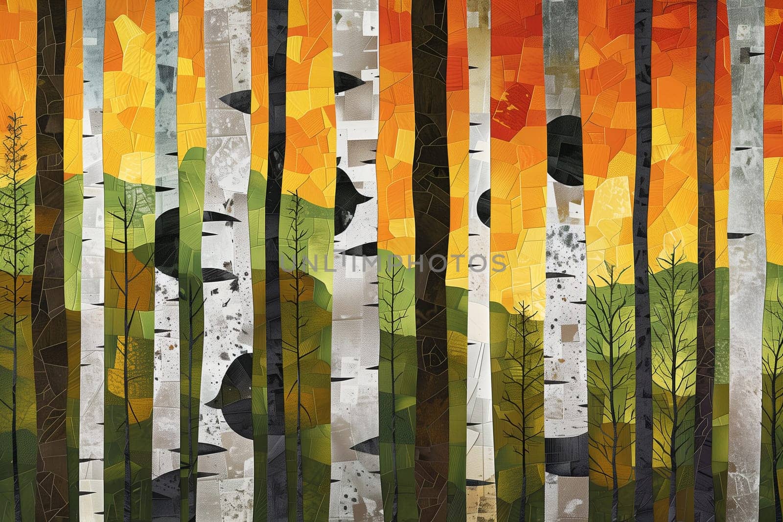 Colorful mosaic artwork depicting birch trees in an abstract autumn forest scene.