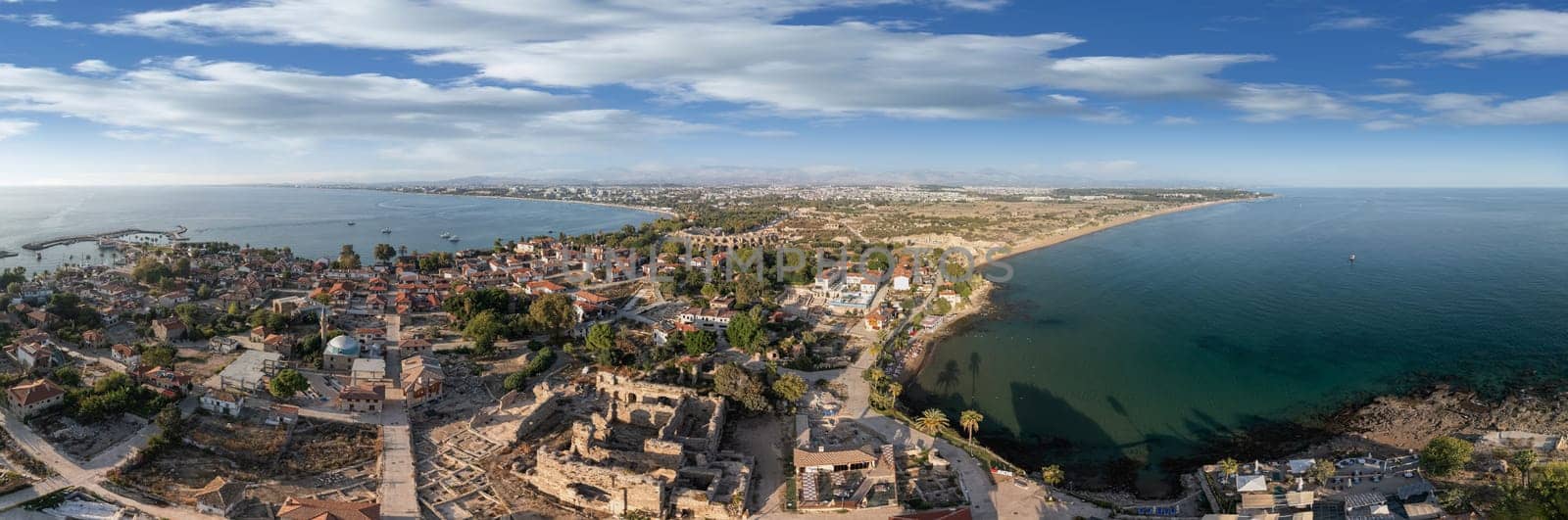 Aerial top drone view of ancient Side town, Antalya Province in Turkey.