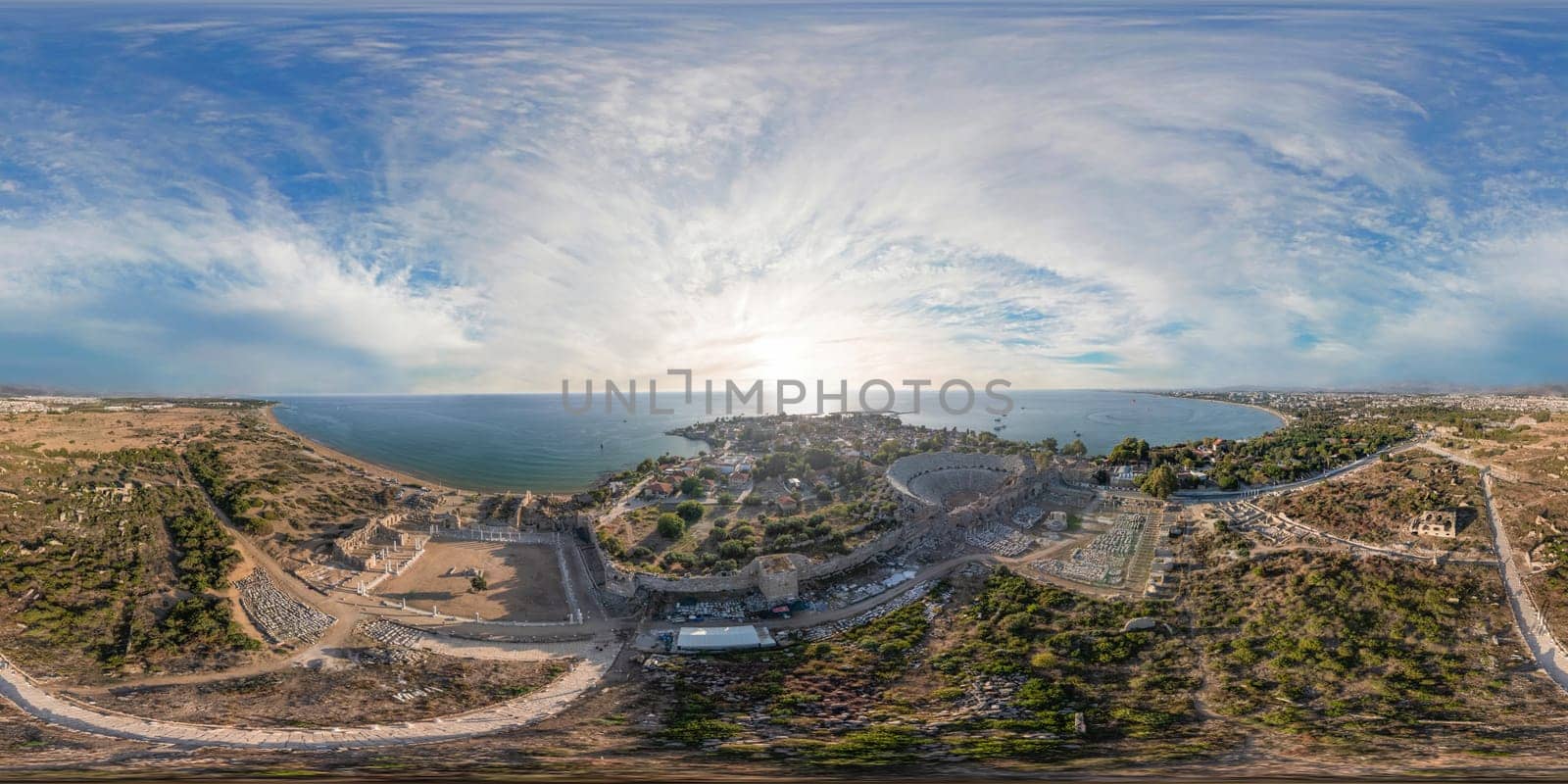 Aerial top drone view of ancient Side town, Antalya Province in Turkey.