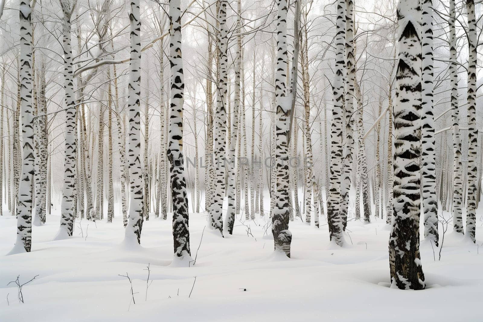 Step into a serene winter landscape featuring a dense grove of slender birch trees. Their white bark, marked with black patterns, stands in stark contrast to the pristine snow blanketing the ground. The uniform trunks create a rhythmic pattern, evoking a sense of calm and tranquility. This image captures the quiet beauty of nature in winter, highlighting the elegance of birch trees against a snowy backdrop.