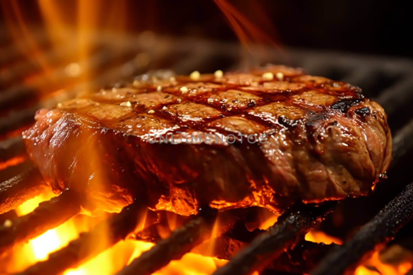 Meat beef steak grilled on fire, food bbq and hot grill, post-processed, generative ai