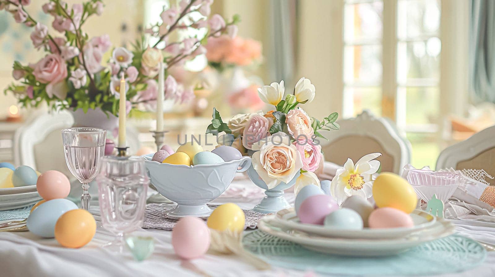 Easter tablescape decoration, floral holiday table decor for family celebration, spring flowers, Easter eggs, Easter bunny and vintage dinnerware, English country and home styling