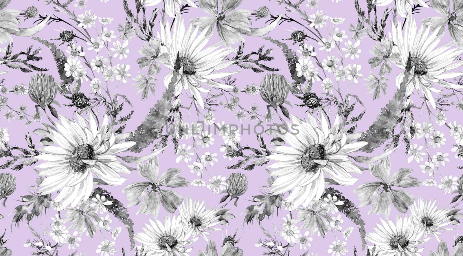 Seamless monochrome watercolor pattern with daisies and wildflowers drawn in watercolor
