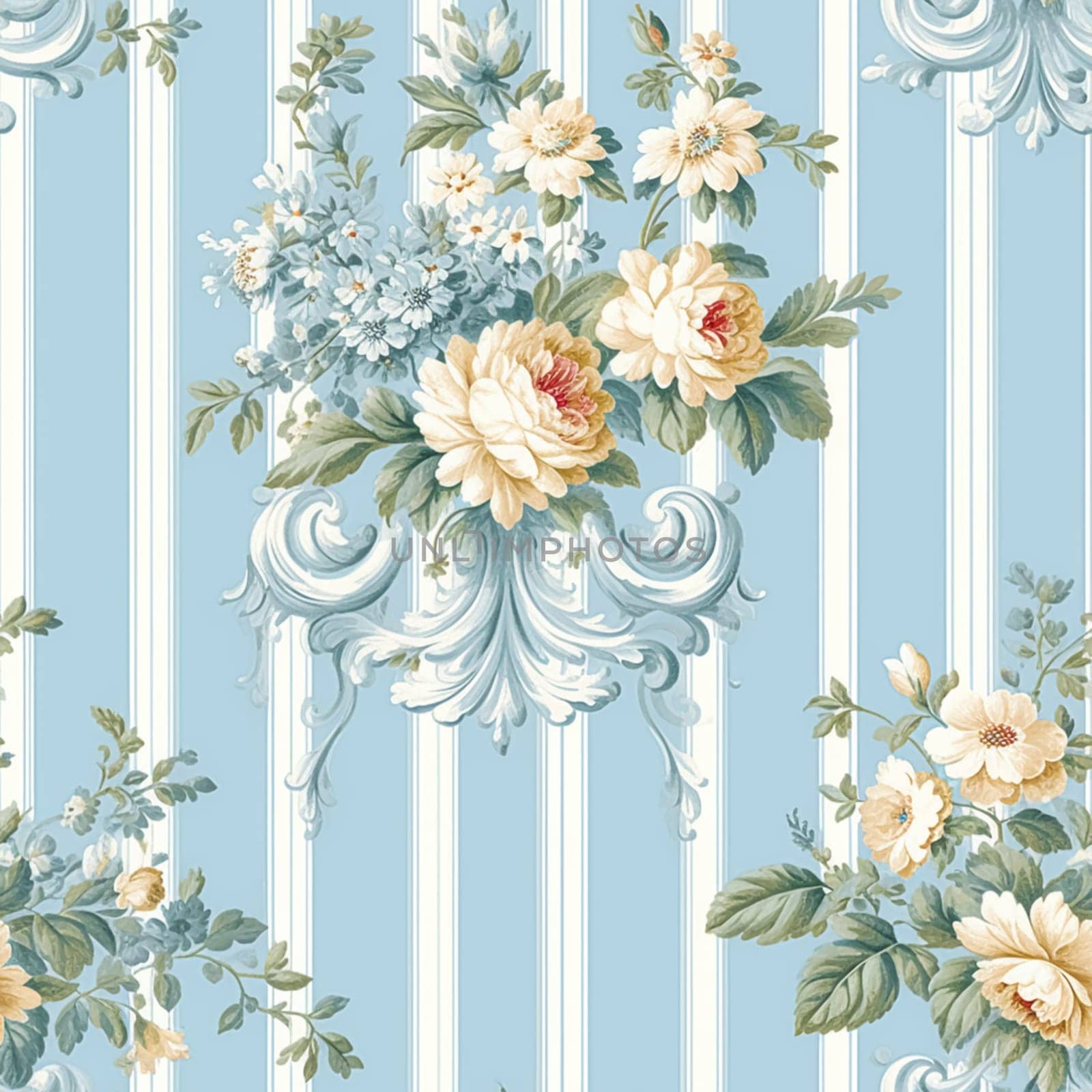 Seamless pattern, tileable English country style blue striped floral print for wallpaper, wrapping paper, scrapbook, fabric and product design idea