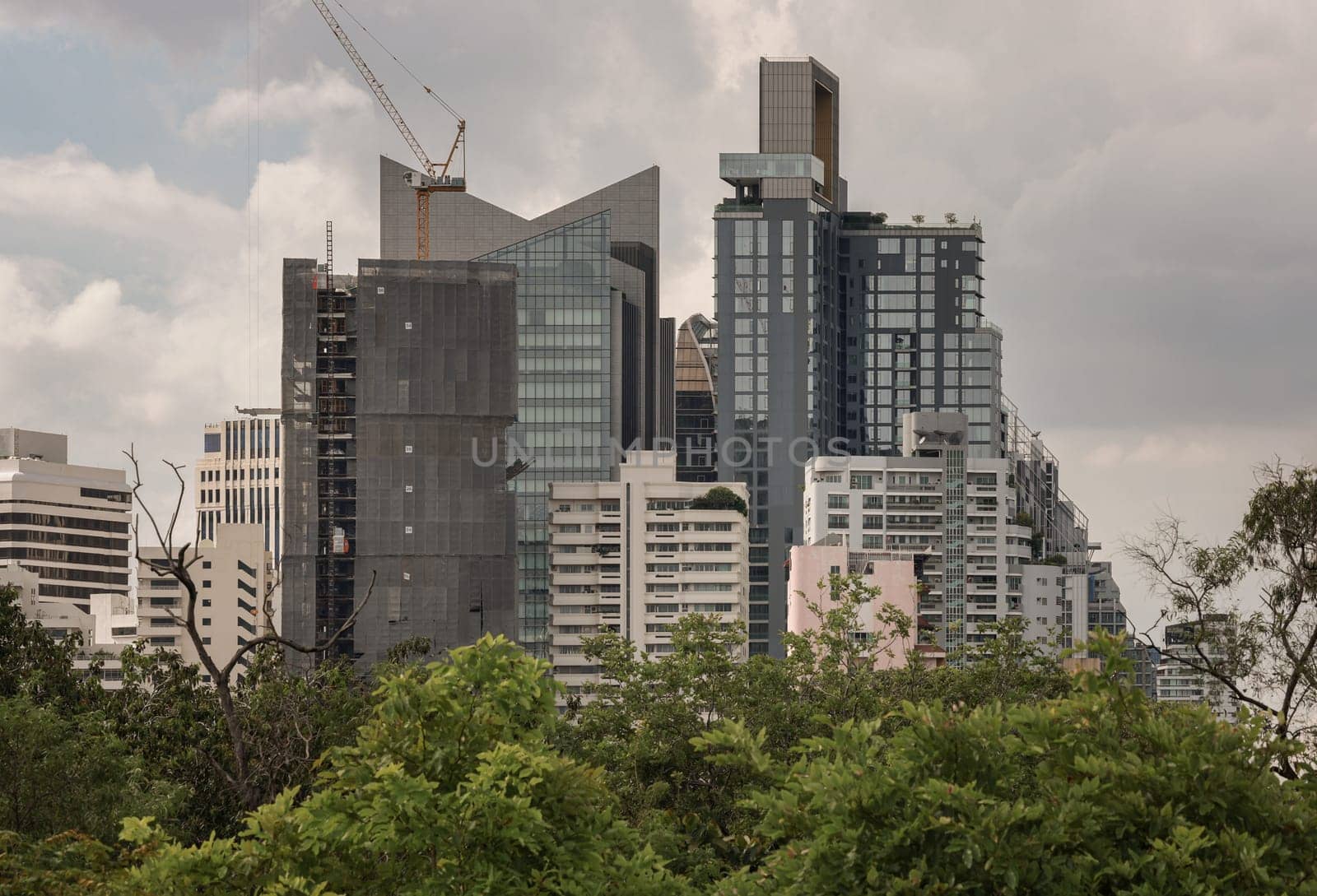 Bangkok, Thailand - 22 Jun, 2024 - Architecture exterior of Modern high-rise buildings on sky background. Picturesque view of skyscrapers and green spaces, Space for text, Selective focus.