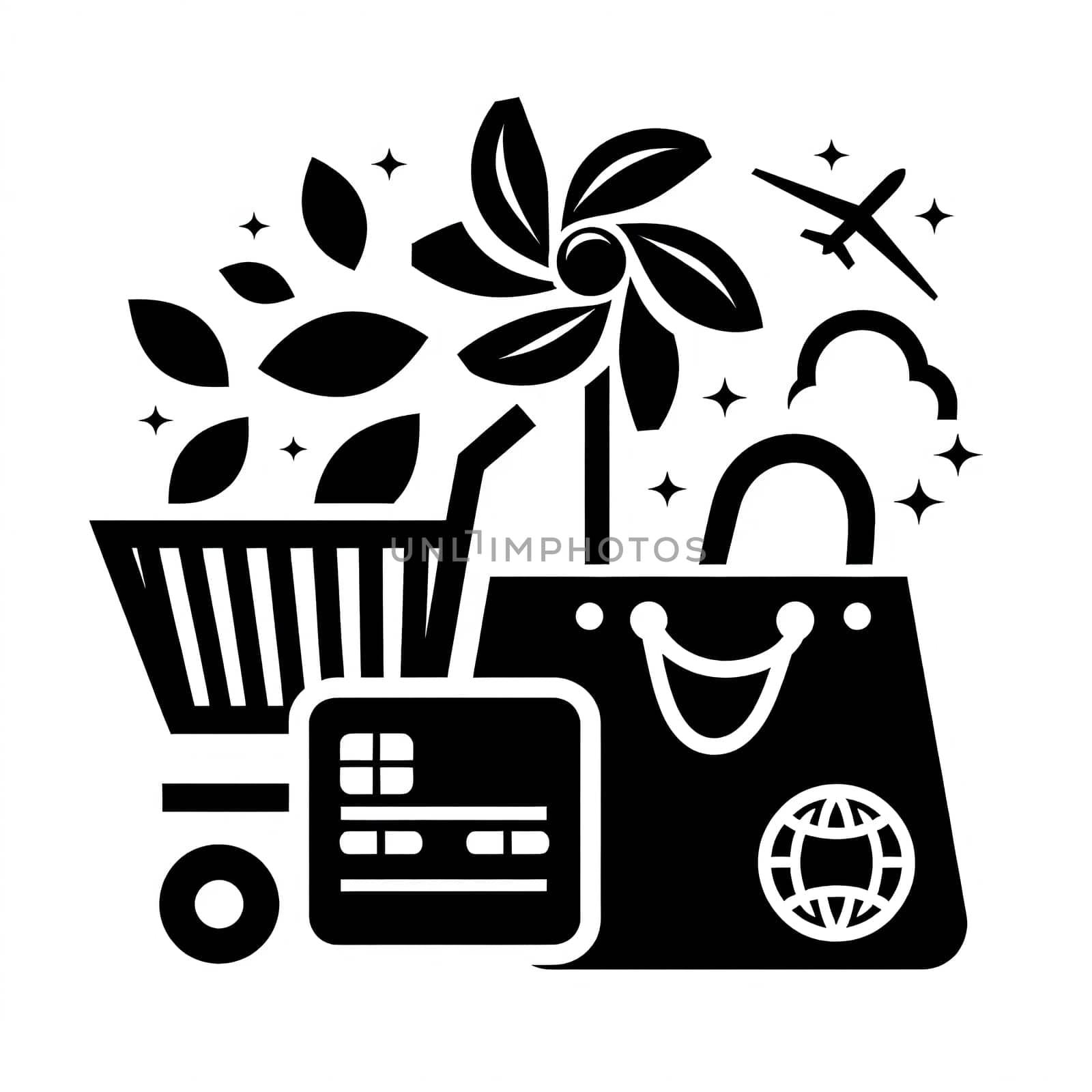 Black shopping logo on white background. High quality photo.The logo depicts a shopping cart, a credit card and a bag