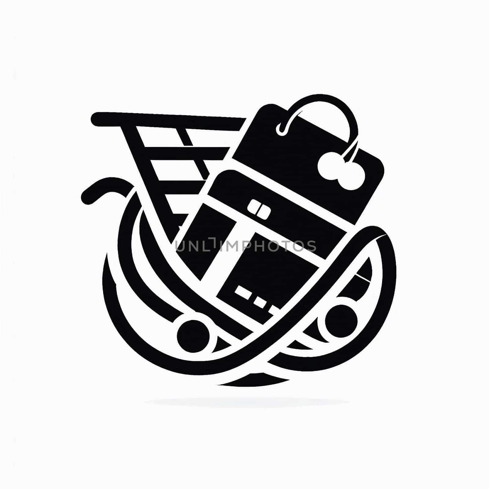 Black shopping logo on white background. High quality photo.The logo depicts a shopping cart, a credit card and a bag