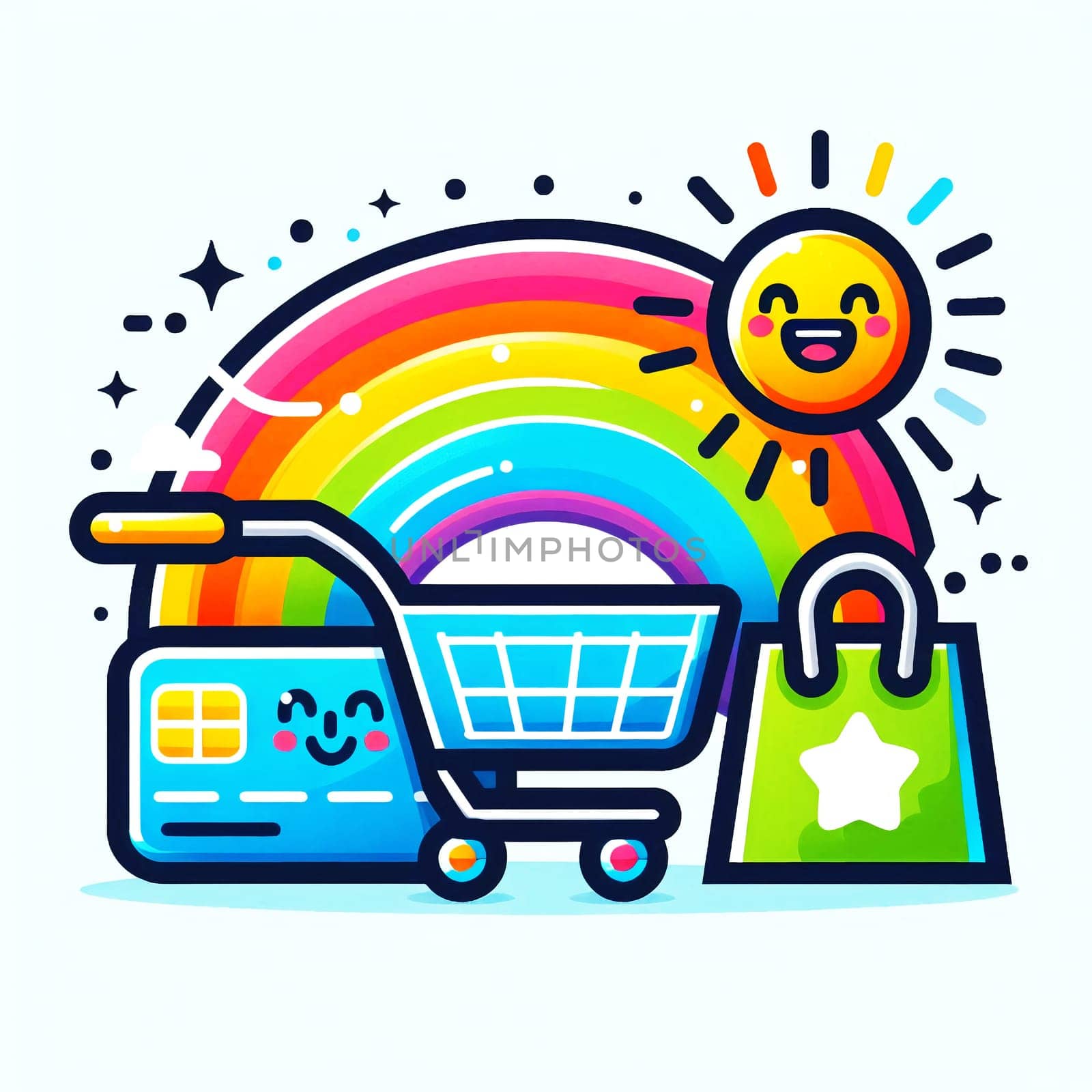 Colourful shopping logo on white background. High quality photo.The logo depicts a shopping cart, a credit card and a bag