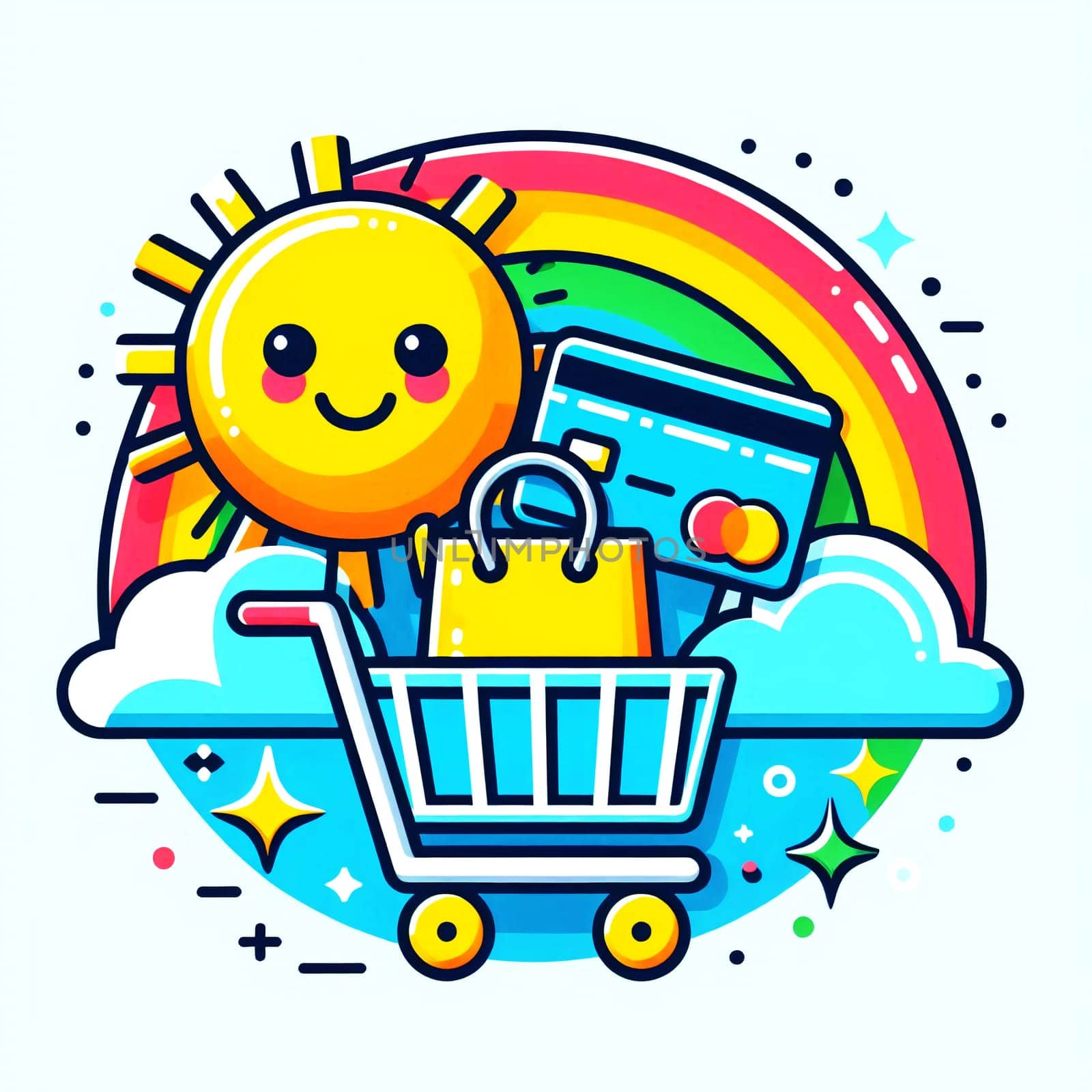 Colourful shopping logo on white background. High quality photo.The logo depicts a shopping cart, a credit card and a bag