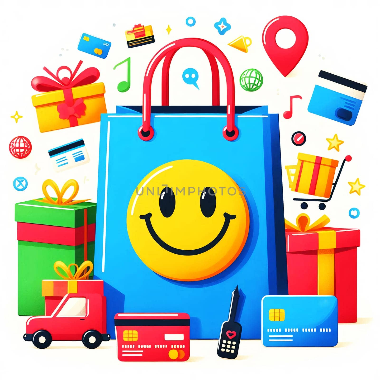 Color Shopping Theme Logo. High quality photo. A shopping bag with a smiley face. Behind is a rainbow and a lot of purchases with credit cards