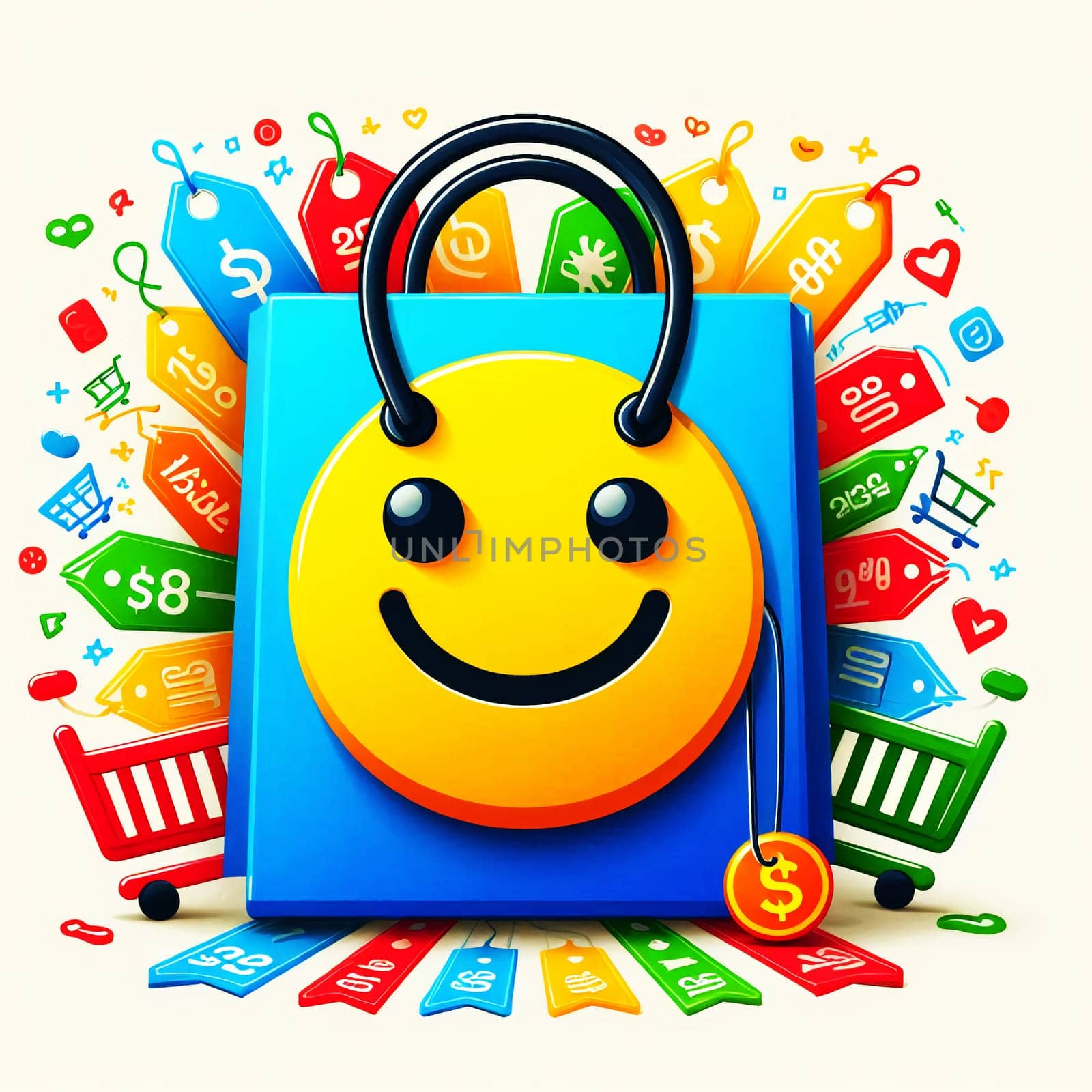 Color Shopping Theme Logo. High quality photo. A shopping bag with a smiley face. Behind is a rainbow and a lot of purchases with credit cards