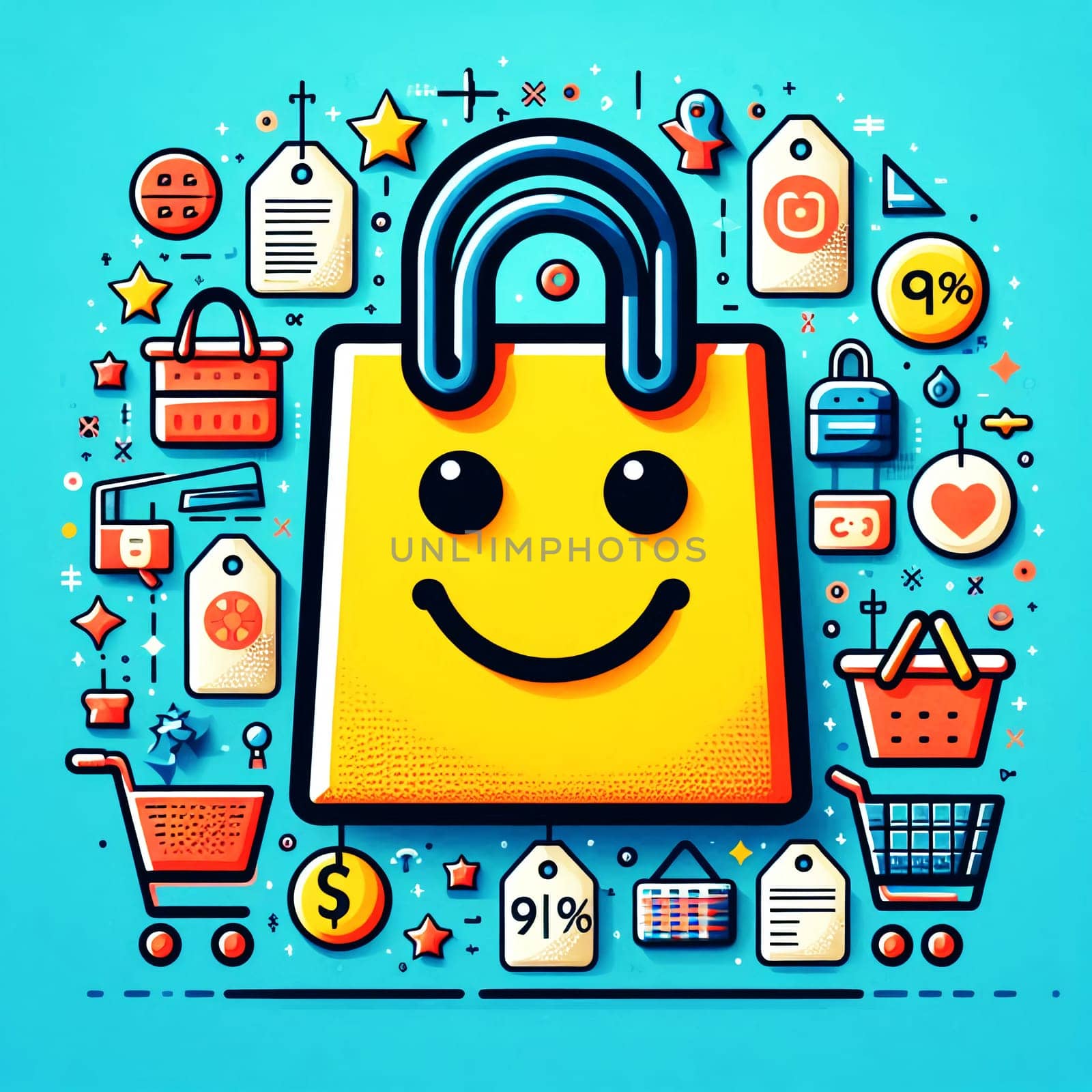 Color Shopping Theme Logo. High quality photo. A shopping bag with a smiley face. Behind is a rainbow and a lot of purchases with credit cards