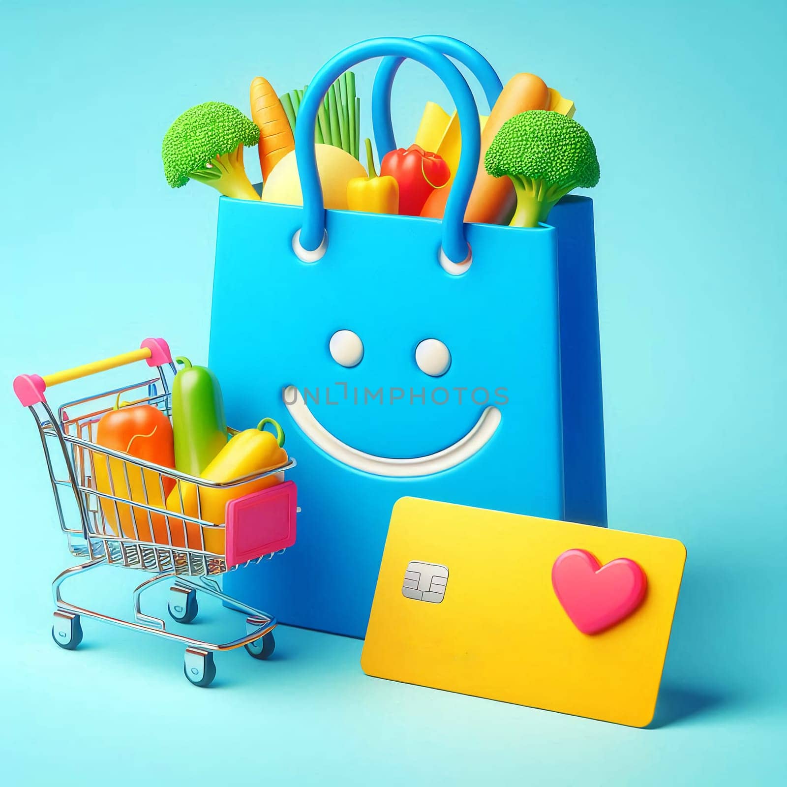 Color Shopping Theme Logo. High quality photo. A shopping bag with a smiley face. Behind is a rainbow and a lot of purchases with credit cards