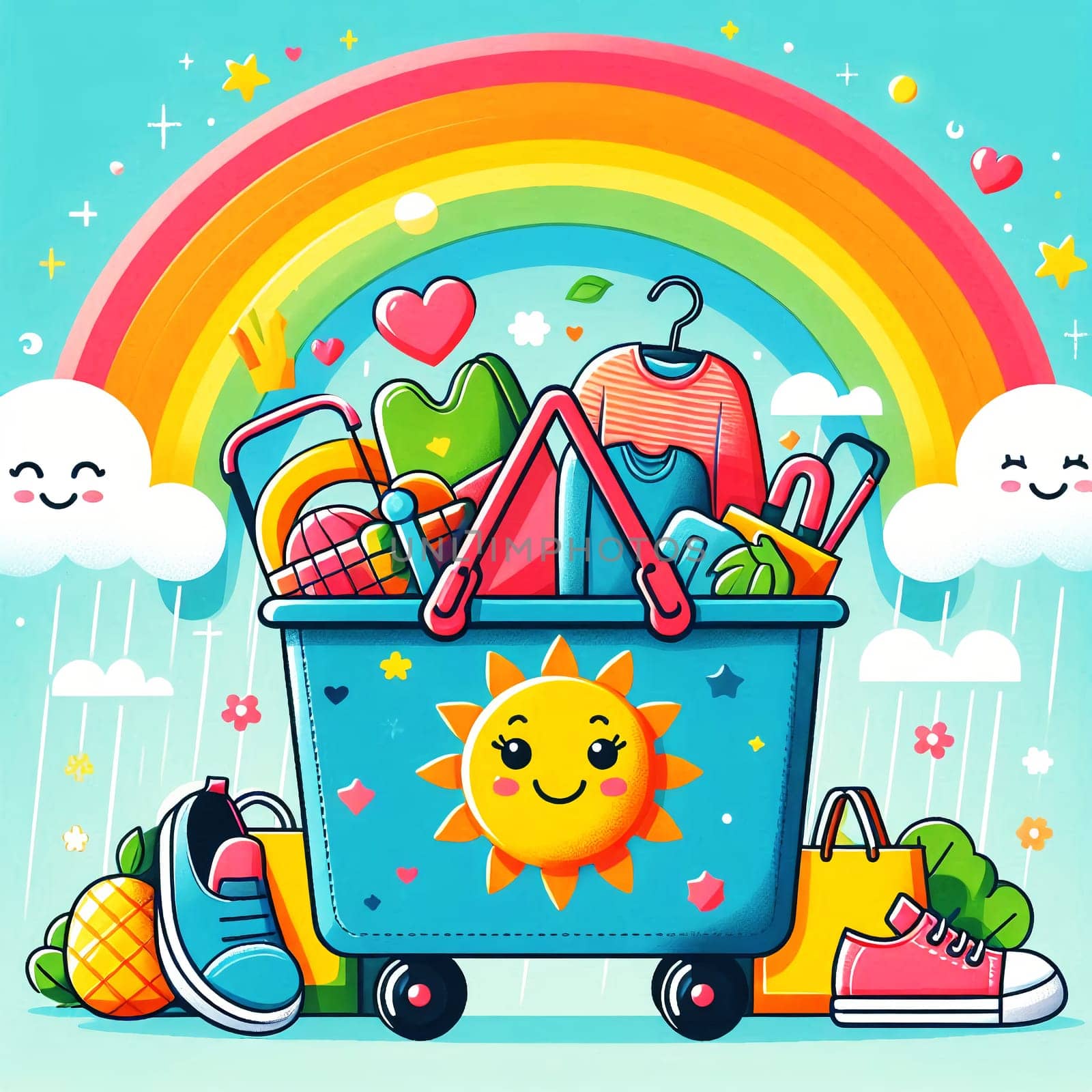 Color Shopping Theme Logo. High quality photo. A shopping bag with a smiley face. Behind is a rainbow and a lot of purchases with credit cards