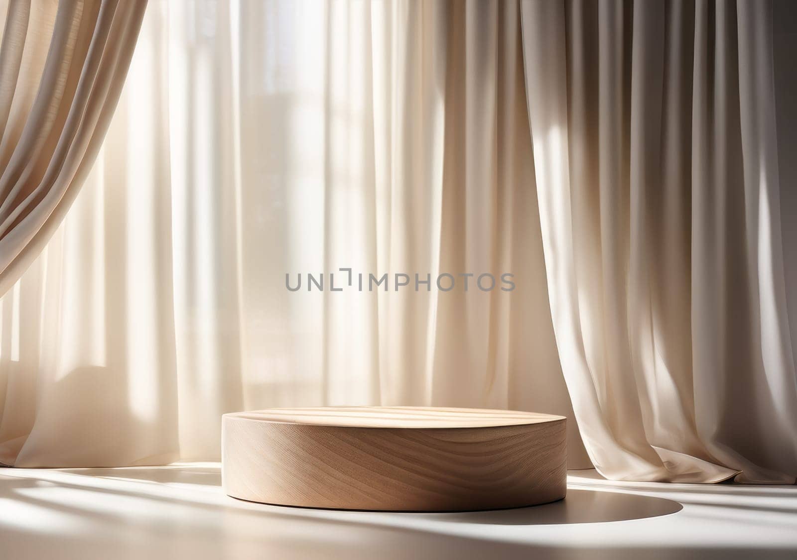 Empty modern round wooden podium with curtain drapes in sunlight for luxury cosmetic beauty product display background. 3d podium light beige background and fabric curtain with spotlight luxury