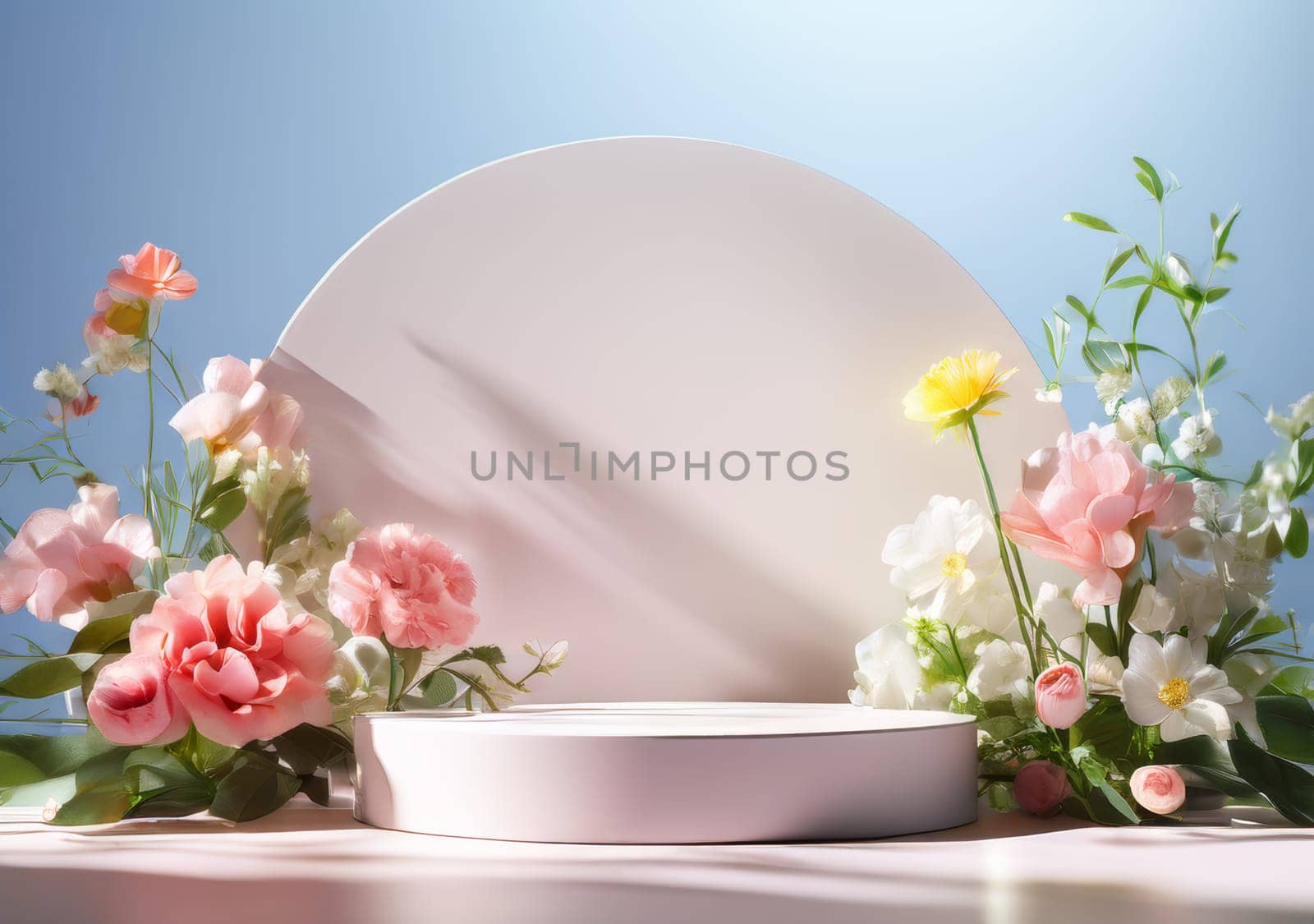 Low Empty Podium with background pink spring flowers. Podium mockup for product 3d. spring table beauty stand display nature. Podium adorned with pink flowers. Display with rose for cosmetic