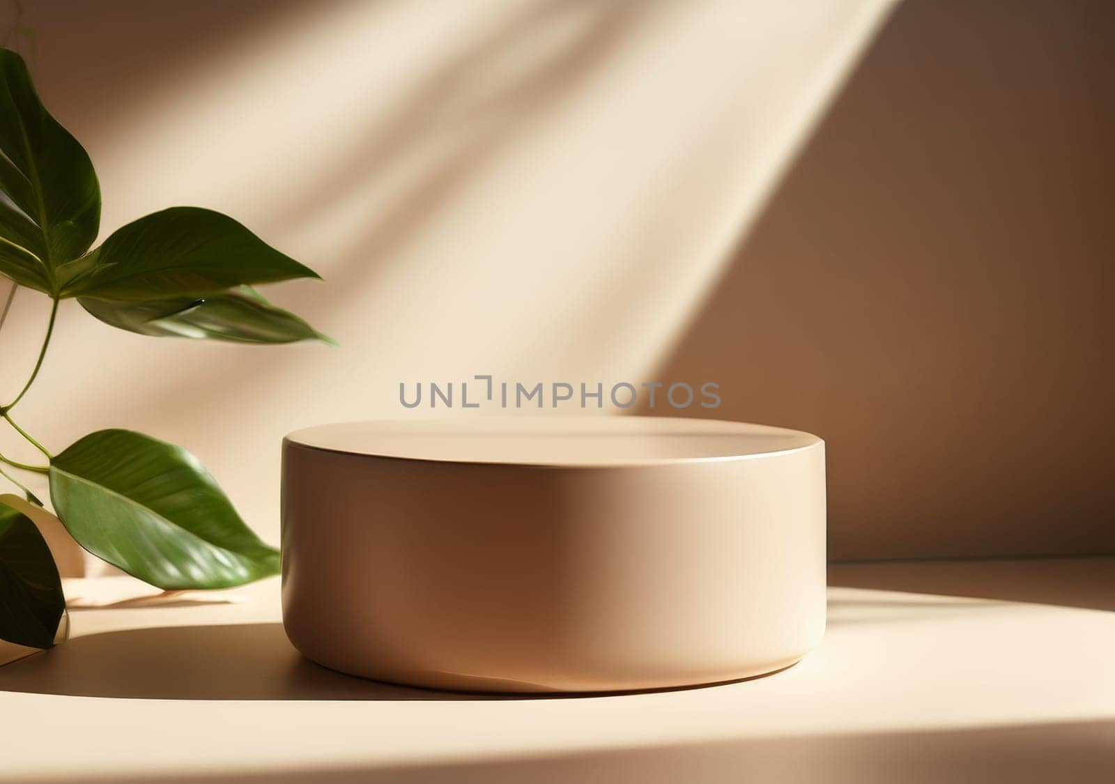 Blank beige brown circle counter podium in beautiful sunlight with shadows, Leaf shadow beige wall luxury organic cosmetic, skincare, beauty. Showcase stage display. Pedestal for product presentation