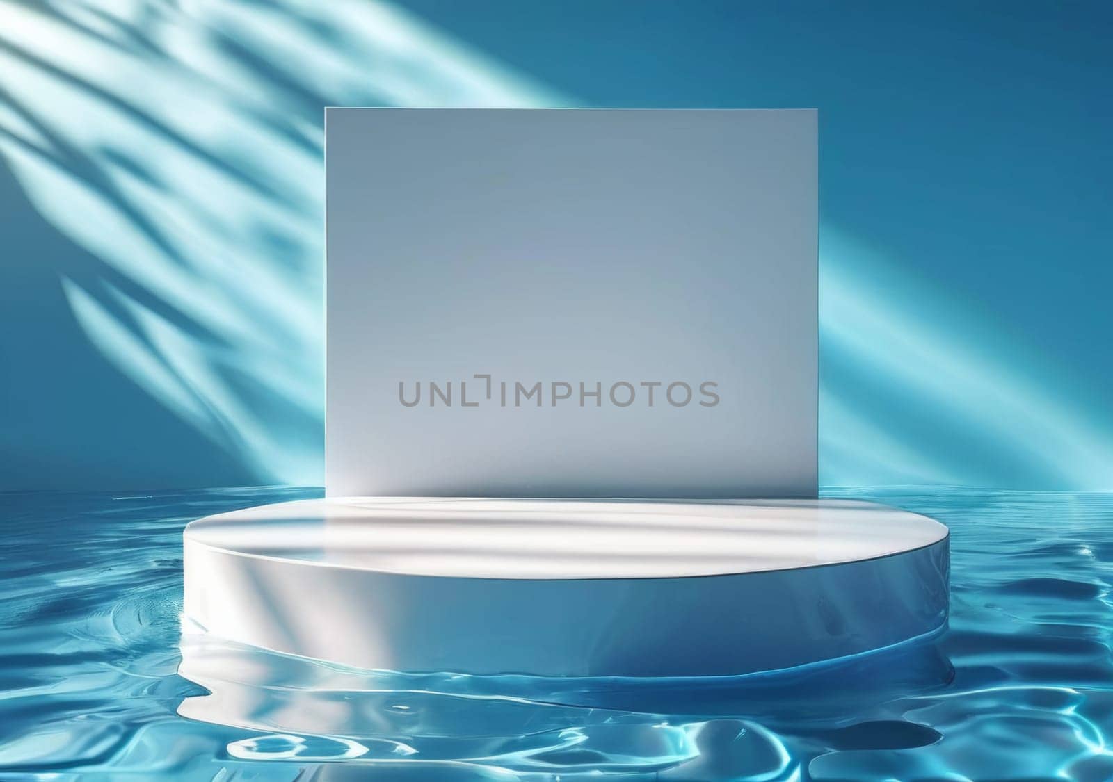 White round podium floating in pool blue water surface with shadows. White pedestal podium on pool background, products display mockup. Showcase stage display. Pedestal for product presentation