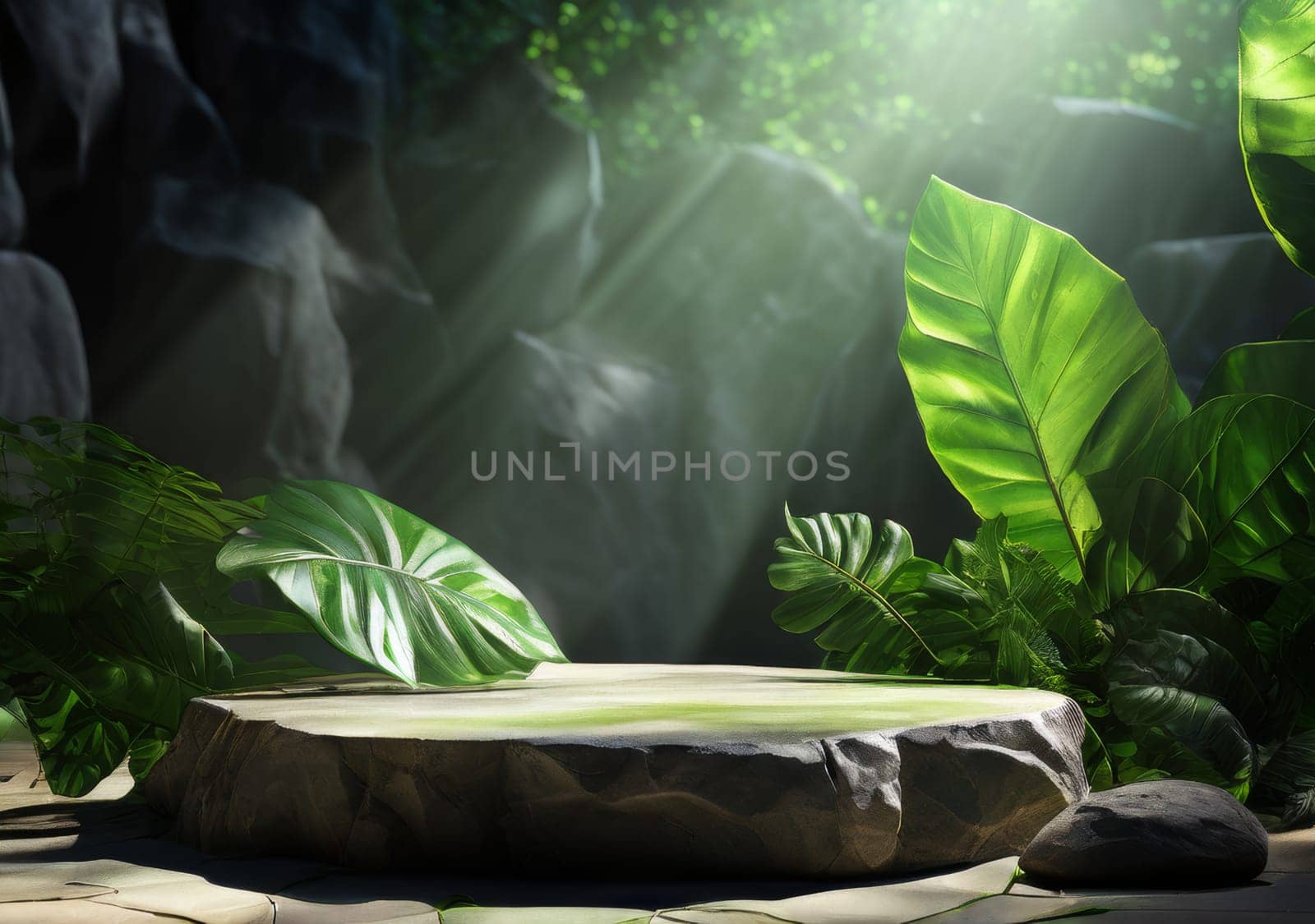 Low Empty Stone podium scene summer green forest background. Product stage presentation, green pedestal plant rock leaf. Stone podium mockup, green tropical leaves. Natural concrete podium, tropical
