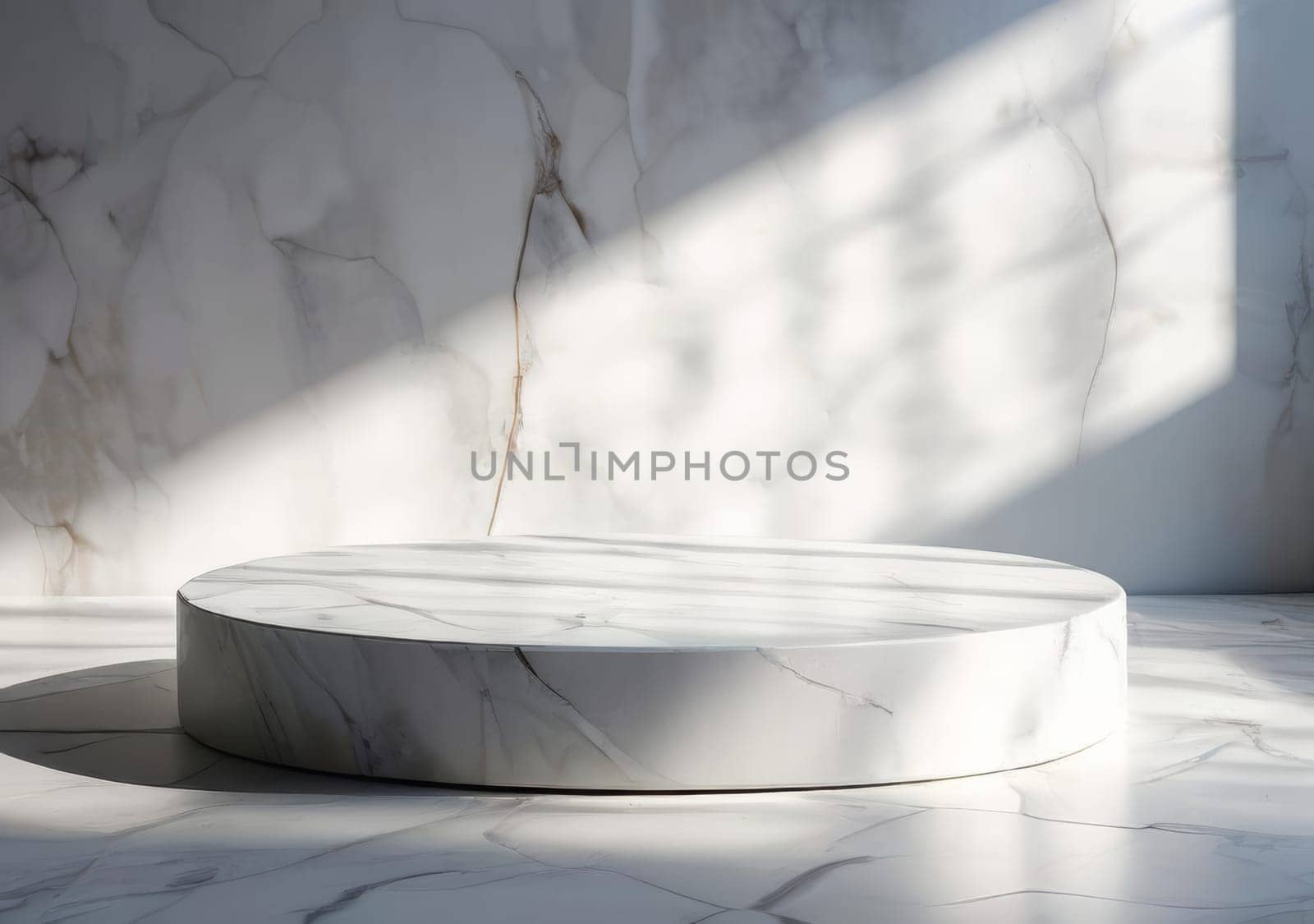 White round stone table top and background of white marble stone wall. White marble podium with shadows. White pedestal podium, products display mockup. Showcase stage display. Pedestal for product presentation
